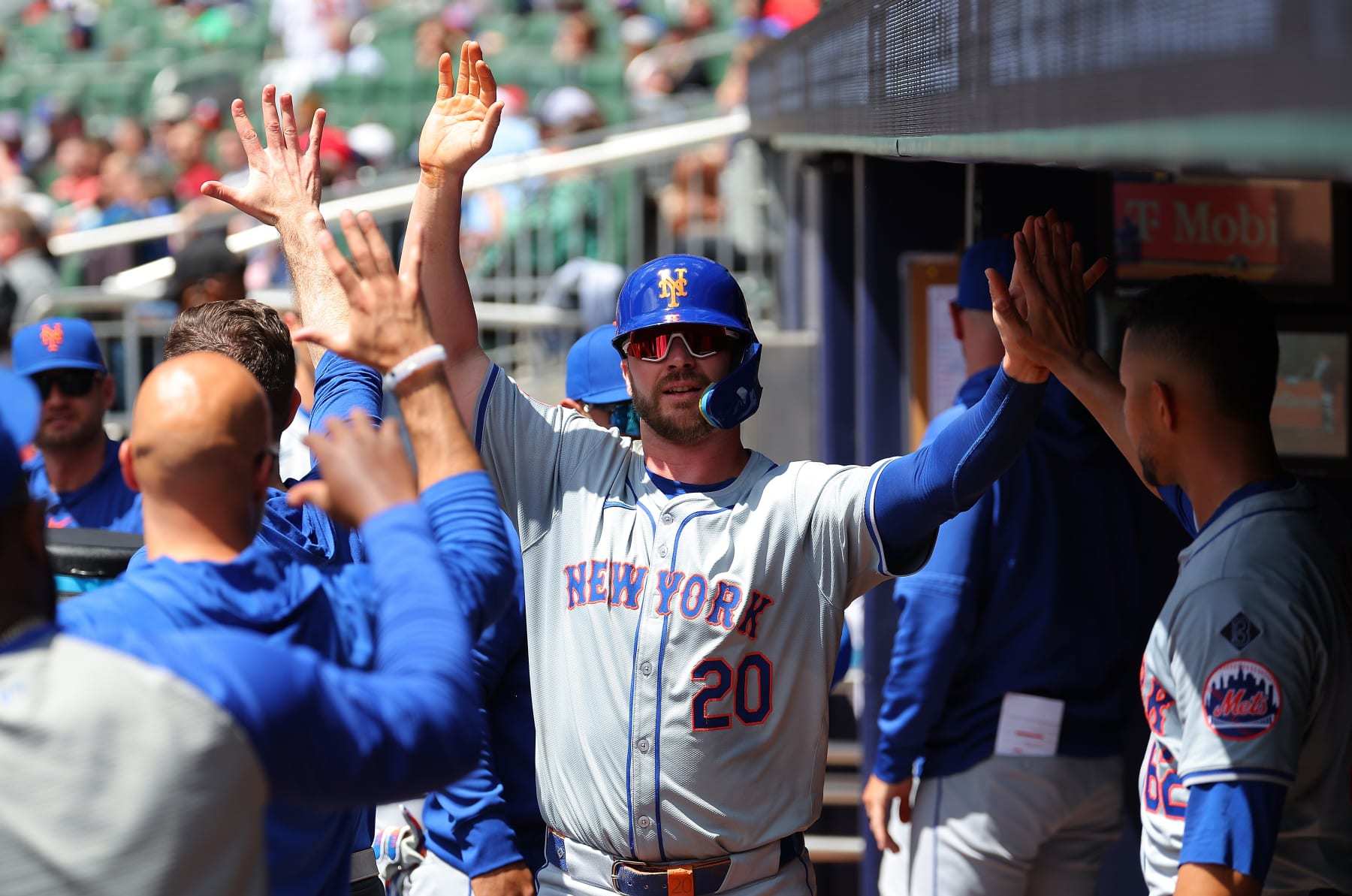 ATLANTA, GEORGIA - APRIL 11: Pete Alonso #20 of the New York Mets reacts after scoring in the third inning against the Atlanta Braves at Truist Park on April 11, 2024 in Atlanta, Georgia. (Photo by Kevin C. Cox/Getty Images)