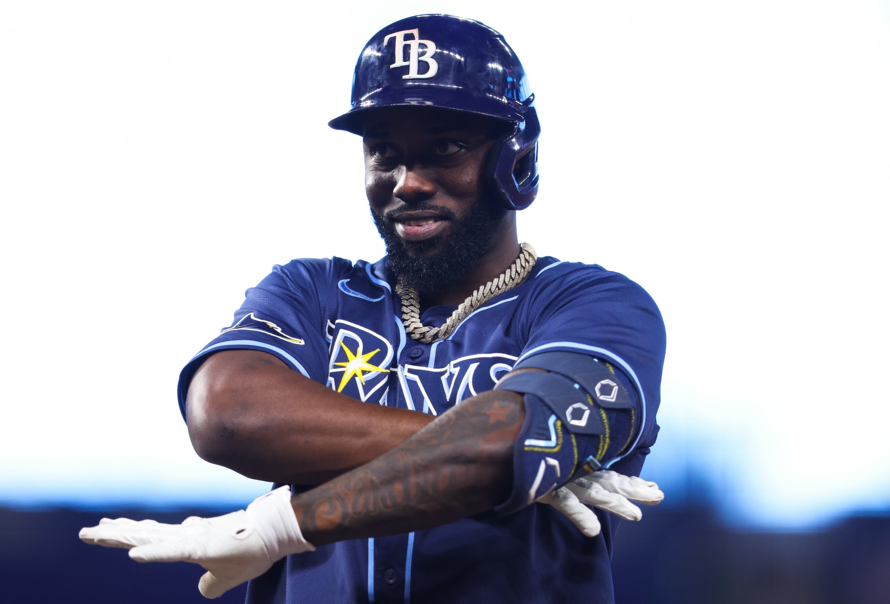 MIAMI, FLORIDA - JUNE 04: Randy Arozarena #56 of the Tampa Bay Rays reacts after hitting a single against the Miami Marlins during the first inning of the game at loanDepot park on June 04, 2024 in Miami, Florida. (Photo by Megan Briggs/Getty Images)