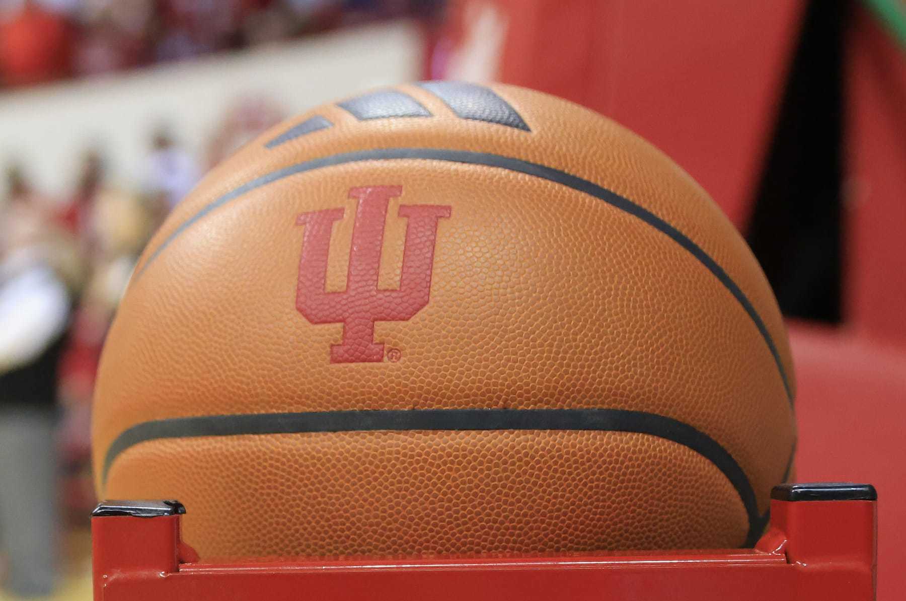 BLOOMINGTON, INDIANA - DECEMBER 29: The Indiana Hoosiers logo is seen on a basketball during the game against the Kennesaw State Owls at Simon Skjodt Assembly Hall on December 29, 2023 in Bloomington, Indiana. (Photo by Justin Casterline/Getty Images)