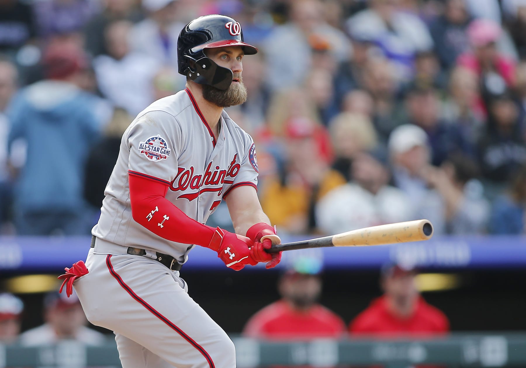 DENVER, CO - SEPTEMBER 30: Washington Nationals outfielder Bryce Harper (34) connects for a double during a regular season game between the Colorado Rockies and the visiting Washington Nationals on September 30, 2018 at Coors Field in Denver, CO.   (Photo by Russell Lansford/Icon Sportswire via Getty Images)