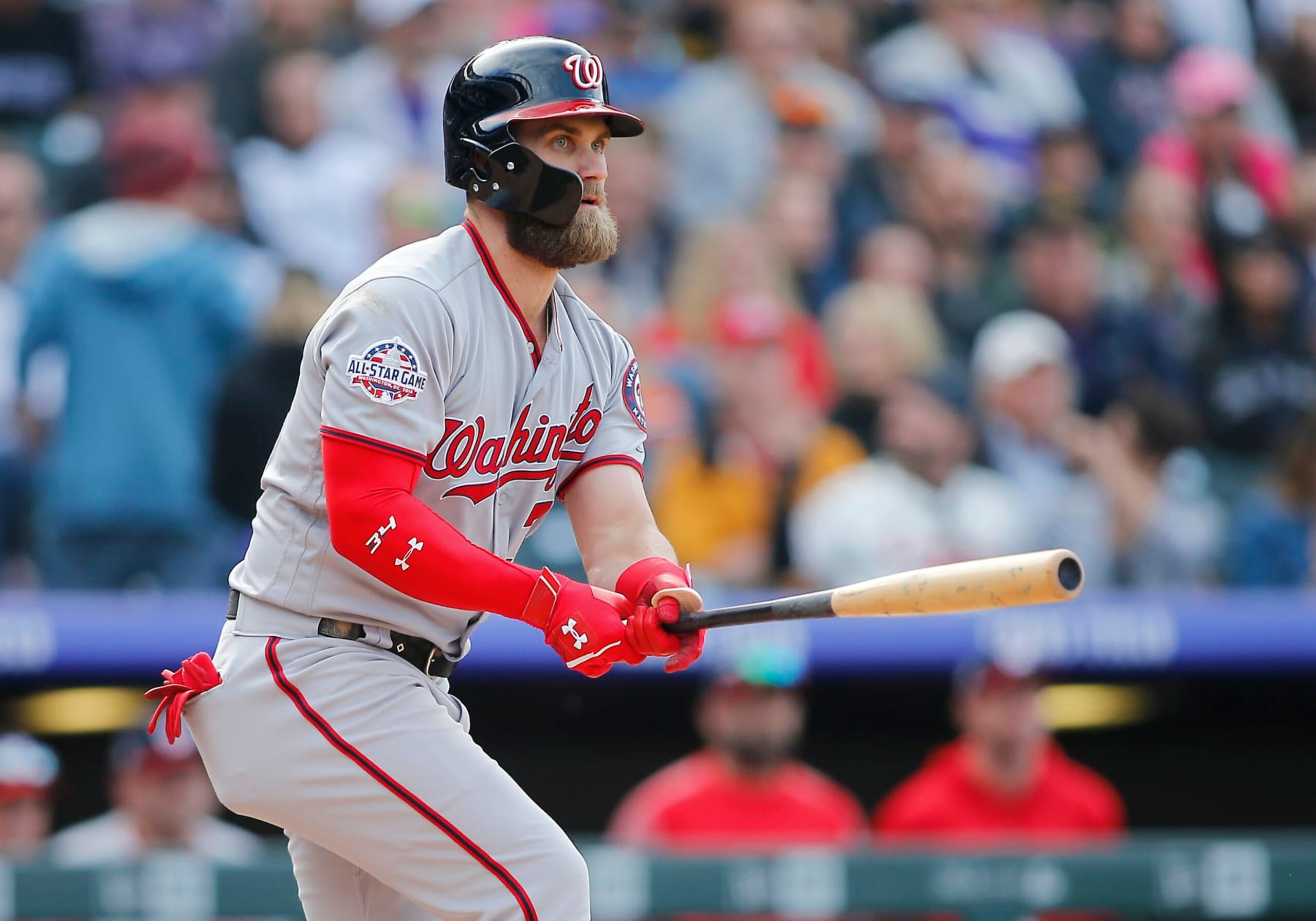 DENVER, CO - SEPTEMBER 30: Washington Nationals outfielder Bryce Harper (34) connects for a double during a regular season game between the Colorado Rockies and the visiting Washington Nationals on September 30, 2018 at Coors Field in Denver, CO.   (Photo by Russell Lansford/Icon Sportswire via Getty Images)