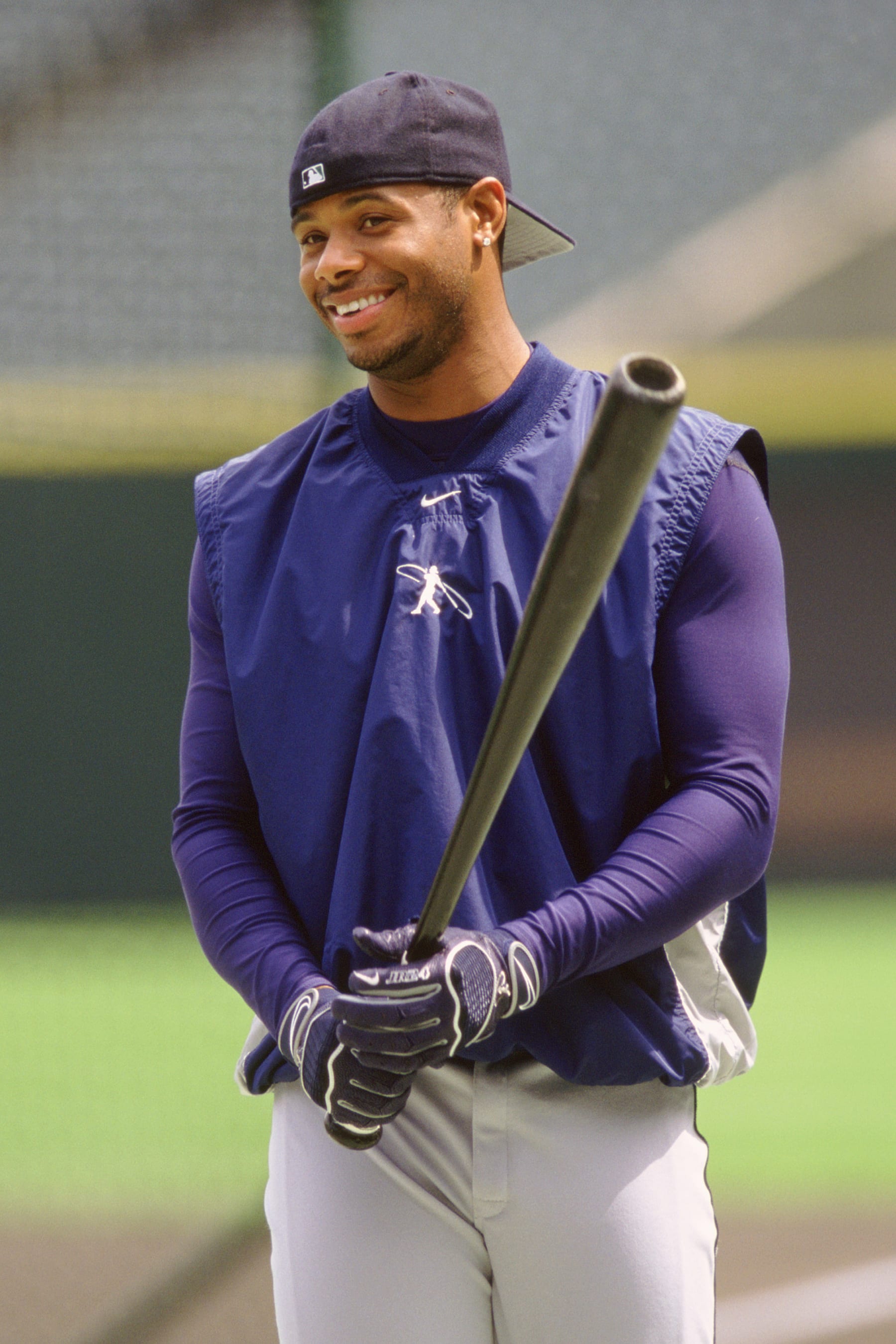 CLEVELAND - CIRCA 1999:  Ken Griffey Jr. #24 of the Seattle Mariners looks on during batting practice before an MLB game at Jacobs Field in Cleveland, Ohio. Ken Griffey Jr. played for 22 years with 3 different teams, was a 13-time All-Star, 1997 American League MVP winner and was inducted into the Baseball Hall of Fame in 2016.. (Photo by SPX/Ron Vesely Photography via Getty Images)