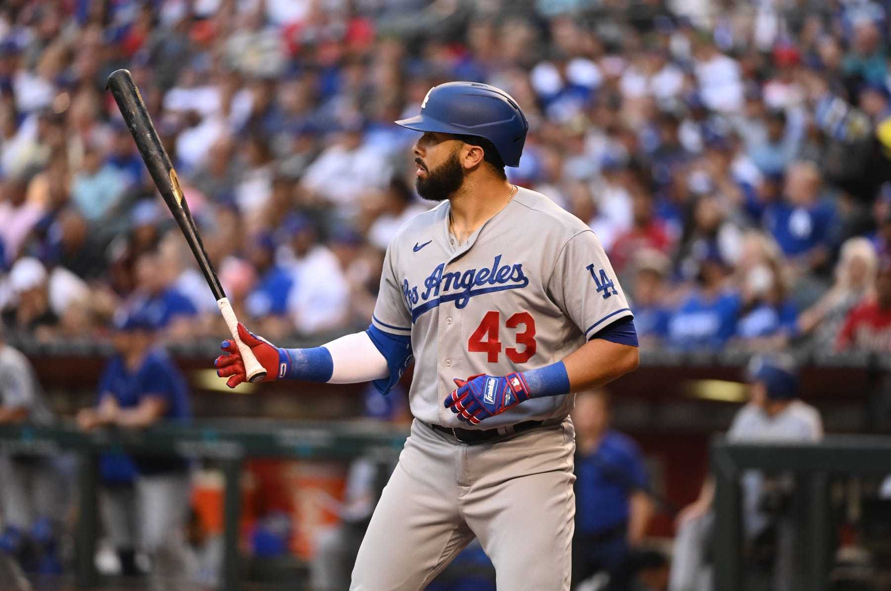 PHOENIX, ARIZONA - MAY 27: Edwin Rios #43 of the Los Angeles Dodgers gets ready in the batters box against the Arizona Diamondbacks at Chase Field on May 27, 2022 in Phoenix, Arizona. (Photo by Norm Hall/Getty Images)