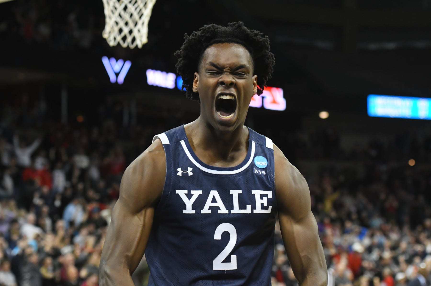 SPOKANE, WASHINGTON - MARCH 22: Bez Mbeng #2 of the Yale Bulldogs celebrates his team's 78-76 win over Auburn Tigers during the first round of the 2024 NCAA Men's Basketball Tournament held at Spokane Veterans Memorial Arena on March 22, 2024 in Spokane, Washington. (Photo by Myk Crawford/NCAA Photos via Getty Images)