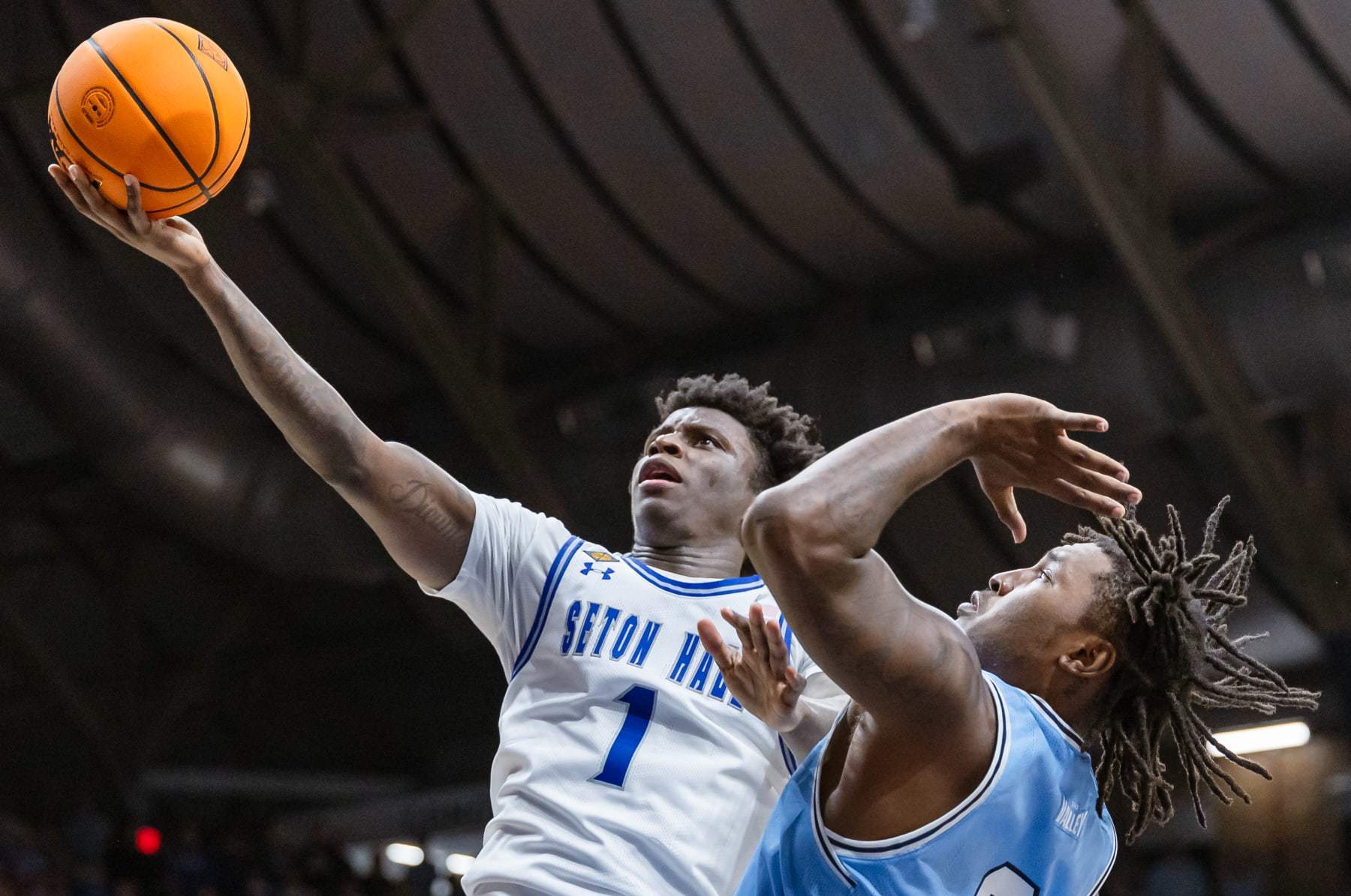 INDIANAPOLIS, INDIANA - APRIL 04: Kadary Richmond #1 of the Seton Hall Pirates shoots the ball against Xavier Bledson #0 of the Indiana State Sycamores during the second half in the NIT championship at Hinkle Fieldhouse on April 4, 2024 in Indianapolis, Indiana. (Photo by Michael Hickey/Getty Images)
