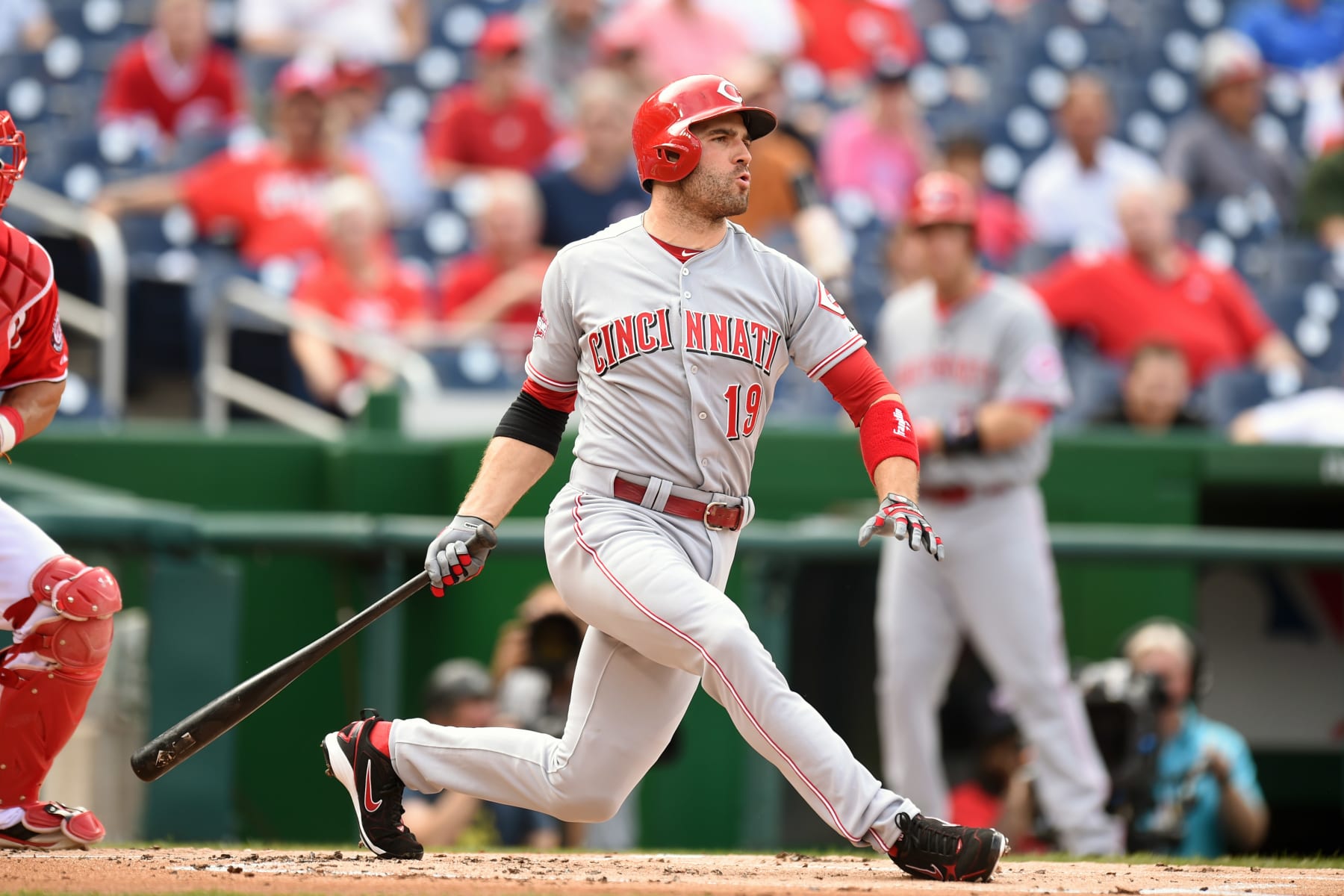 WASHINGTON, DC - SEPTEMBER 28:  Joey Votto #19 of the Cincinnati Reds takes a swing during a baseball game against the Washington Nationals at Nationals Park on September 28, 2015 in Washington, DC.  The Nationals won 5-3.  (Photo by Mitchell Layton/Getty Images)