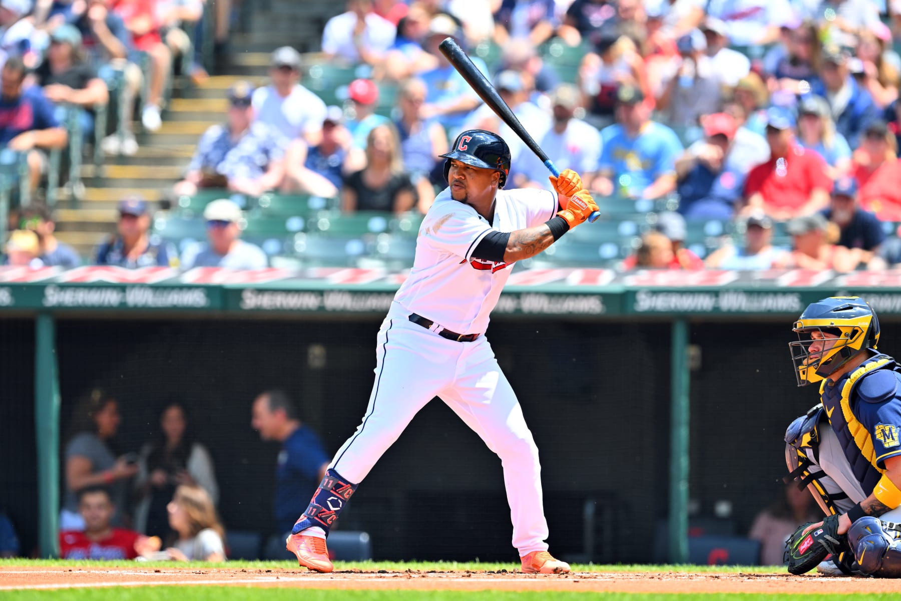 CLEVELAND, OHIO - JUNE 25: Jose Ramirez #11 of the Cleveland Guardians at bat during the first inning against the Milwaukee Brewers at Progressive Field on June 25, 2023 in Cleveland, Ohio. (Photo by Jason Miller/Getty Images)
