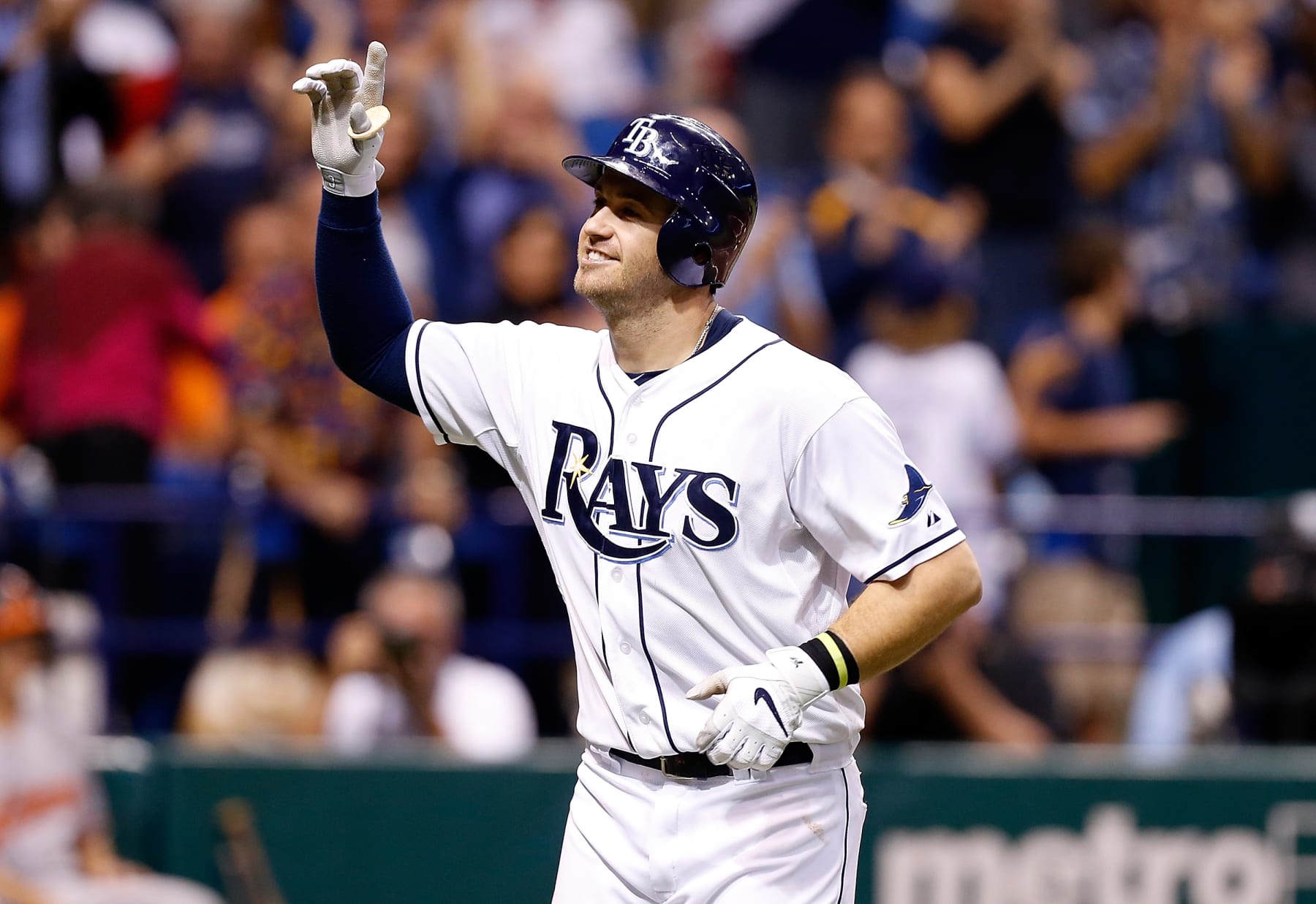 ST. PETERSBURG, FL - OCTOBER 03:  Infielder Evan Longoria #3 of the Tampa Bay Rays is congratulated after his home run against the Baltimore Orioles during the game at Tropicana Field on October 3, 2012 in St. Petersburg, Florida.  (Photo by J. Meric/Getty Images)