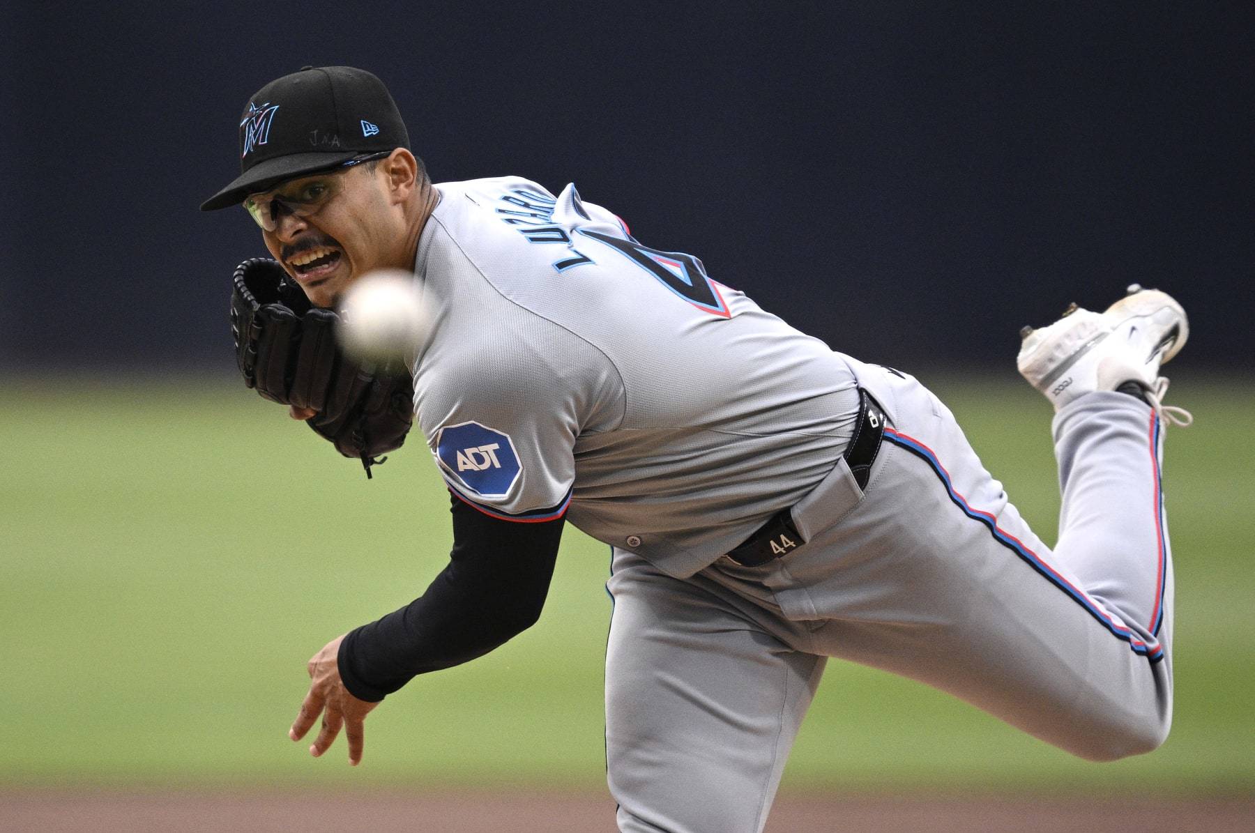 SAN DIEGO, CALIFORNIA - MAY 28: Jesus Luzardo #44 of the Miami Marlins pitches against the San Diego Padres during the first inning at Petco Park on May 28, 2024 in San Diego, California. (Photo by Orlando Ramirez/Getty Images)