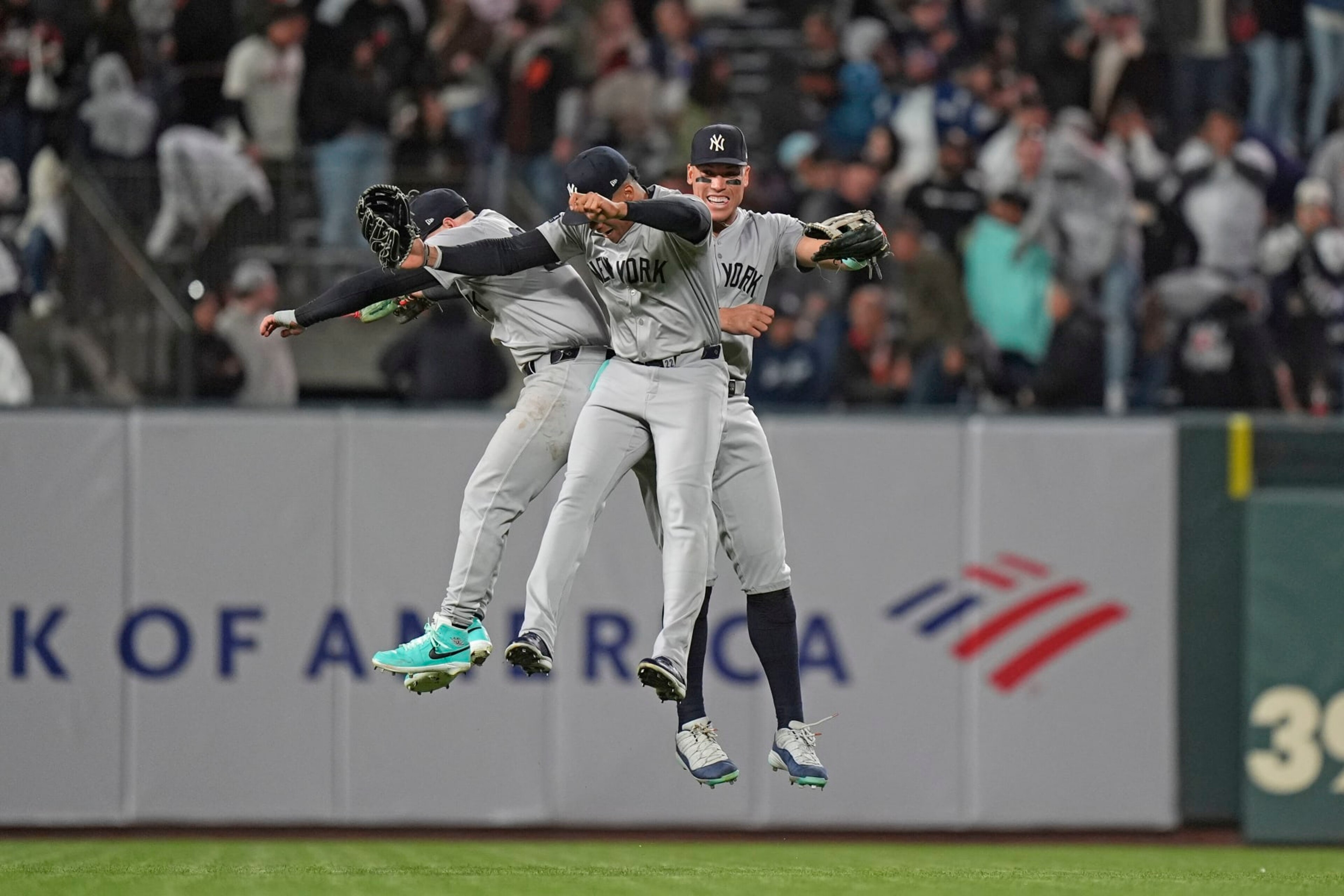 SAN FRANCISCO, CALIFORNIA - JUNE 1: Yankees outfielders reacts after a win at Oracle Park on June 1, 2024 in San Francisco, California. (Photo by Andy Kuno/San Francisco Giants/Getty Images)