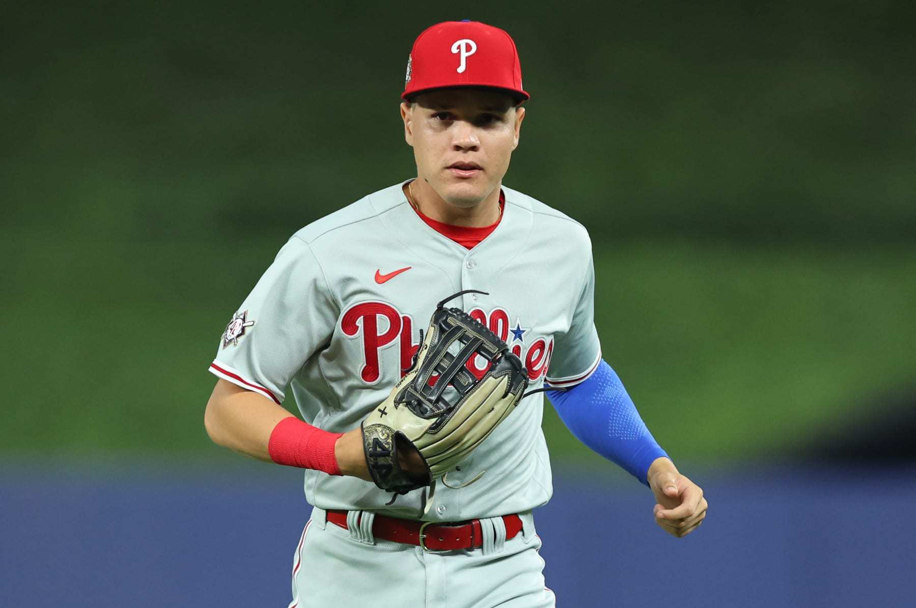 MIAMI, FLORIDA - APRIL 15: Simon Muzziotti #40 of the Philadelphia Phillies in action against the Miami Marlins at loanDepot park on April 15, 2022 in Miami, Florida. All players are wearing the number 42 in honor of Jackie Robinson Day. (Photo by Michael Reaves/Getty Images)