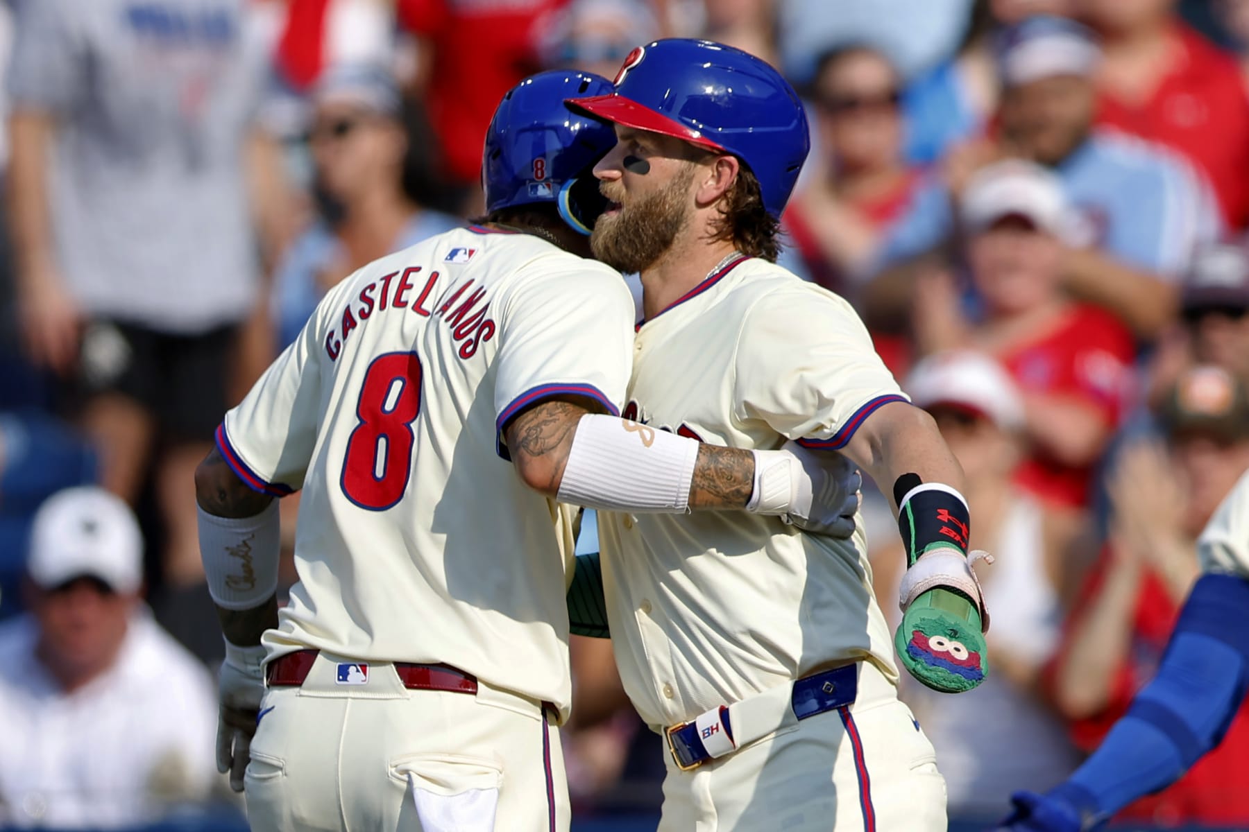 PHILADELPHIA, PENNSYLVANIA - JUNE 22: Nick Castellanos #8 of the Philadelphia Phillies is congratulated by Bryce Harper #3 after he hit a two-run home run against the Arizona Diamondbacks during the fifth inning of a game at Citizens Bank Park on June 22, 2024 in Philadelphia, Pennsylvania. (Photo by Rich Schultz/Getty Images)