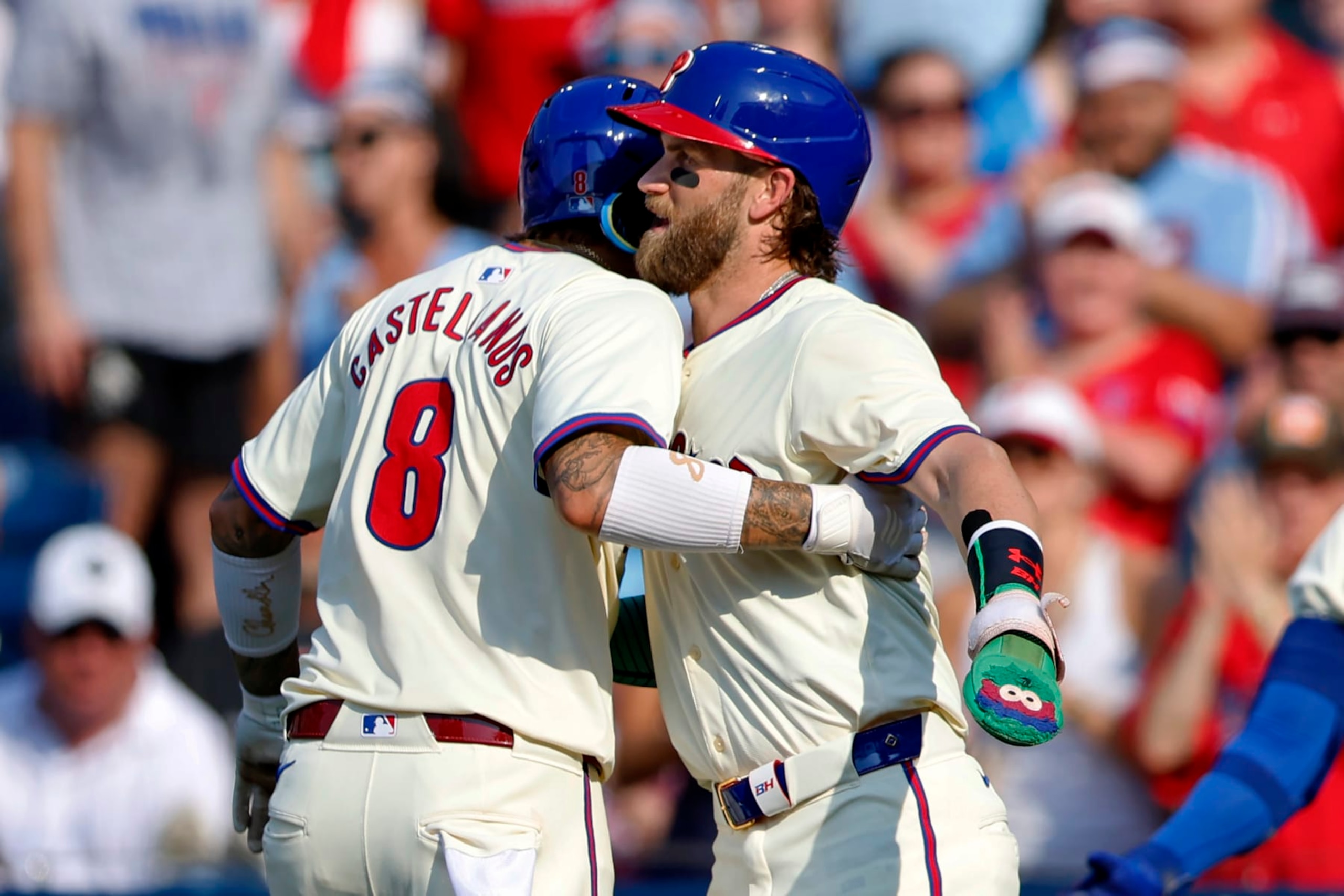 PHILADELPHIA, PENNSYLVANIA - JUNE 22: Nick Castellanos #8 of the Philadelphia Phillies is congratulated by Bryce Harper #3 after he hit a two-run home run against the Arizona Diamondbacks during the fifth inning of a game at Citizens Bank Park on June 22, 2024 in Philadelphia, Pennsylvania. (Photo by Rich Schultz/Getty Images)