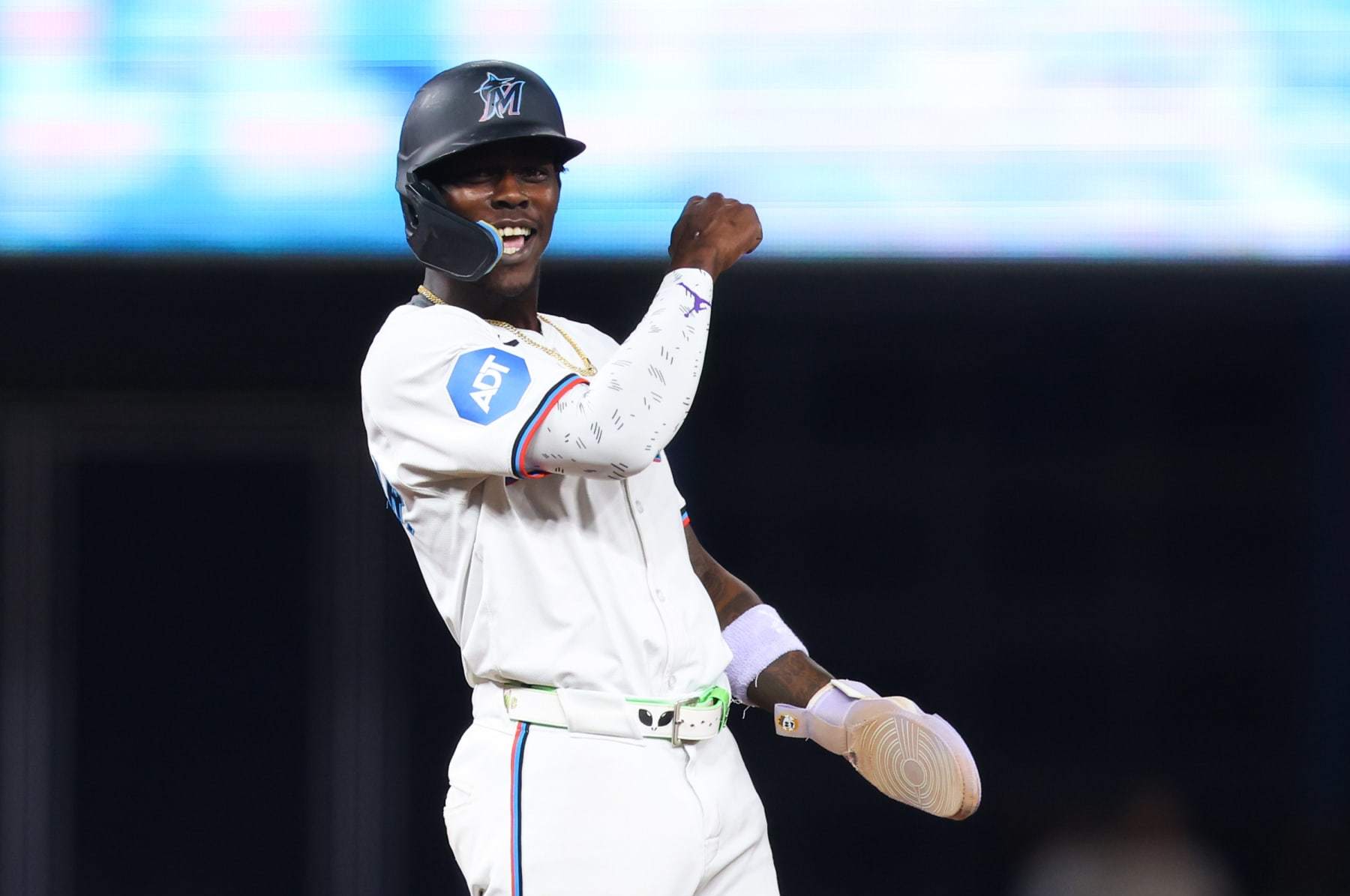 MIAMI, FLORIDA - MAY 21: Jazz Chisholm Jr. #2 of the Miami Marlins reacts during the sixth inning of the game against the Milwaukee Brewers at loanDepot park on May 21, 2024 in Miami, Florida. (Photo by Megan Briggs/Getty Images)