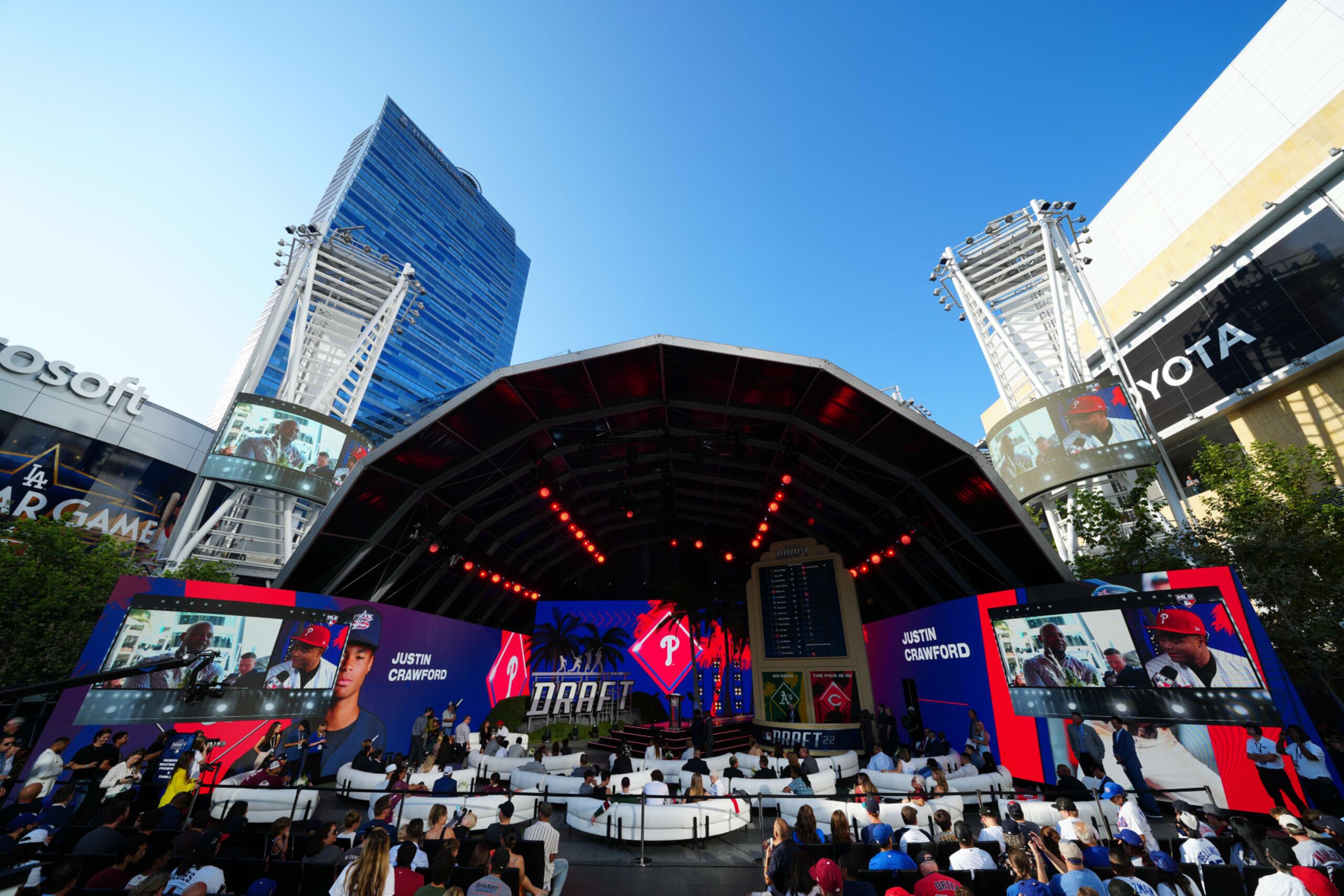 LOS ANGELES, CA - JULY 17:  A view of the draft board and stage as Justin Crawford is selected as the 17th pick by the Philadelphia Phillies during the 2022 Major League Baseball Draft at L.A. Live on Sunday, July 17, 2022 in Los Angeles, California. (Photo by Daniel Shirey/MLB Photos via Getty Images)