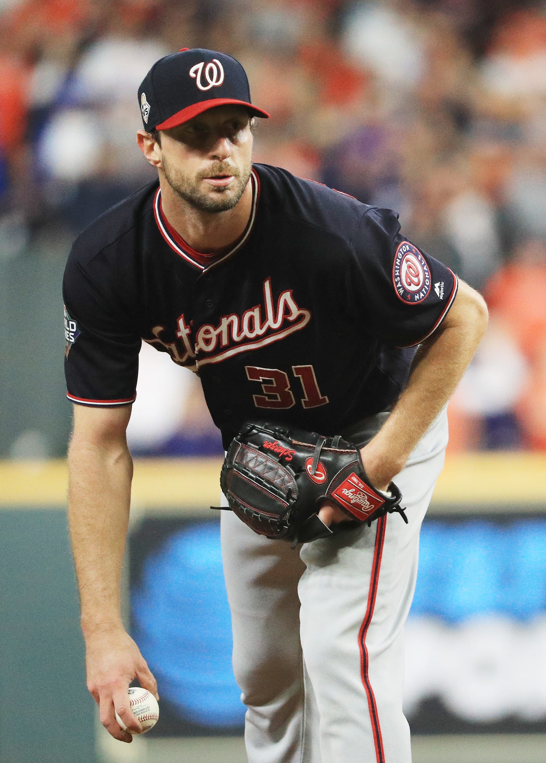 HOUSTON, TEXAS - OCTOBER 30:  Max Scherzer #31 of the Washington Nationals prepares to pitch against the Houston Astros during the second inning in Game Seven of the 2019 World Series at Minute Maid Park on October 30, 2019 in Houston, Texas. (Photo by Mike Ehrmann/Getty Images)