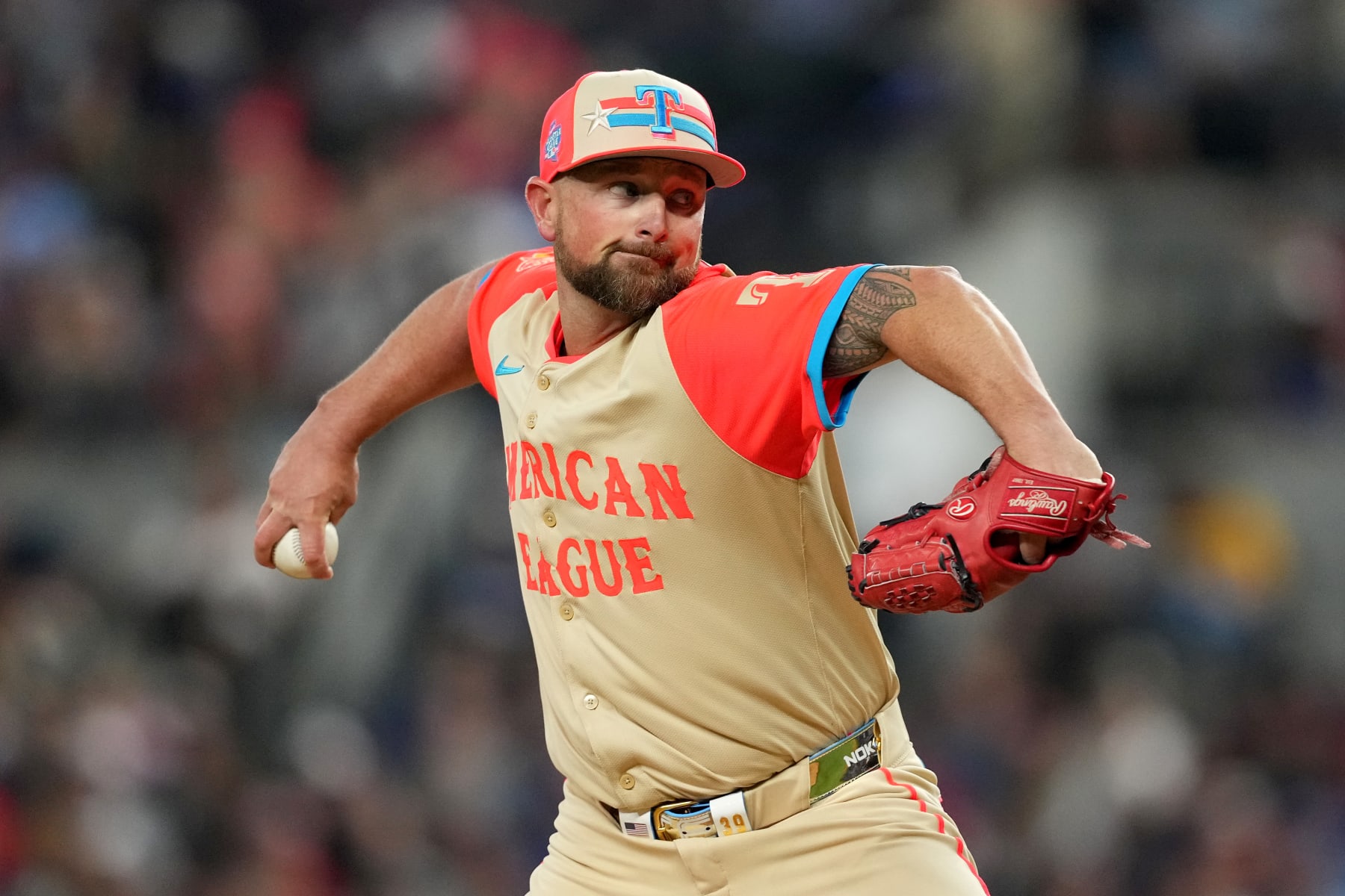 ARLINGTON, TEXAS - JULY 16: Kirby Yates #39 of the Texas Rangers pitches in the eighth inning against the National League during the 94th MLB All-Star Game presented by Mastercard at Globe Life Field on July 16, 2024 in Arlington, Texas. (Photo by Sam Hodde/Getty Images)