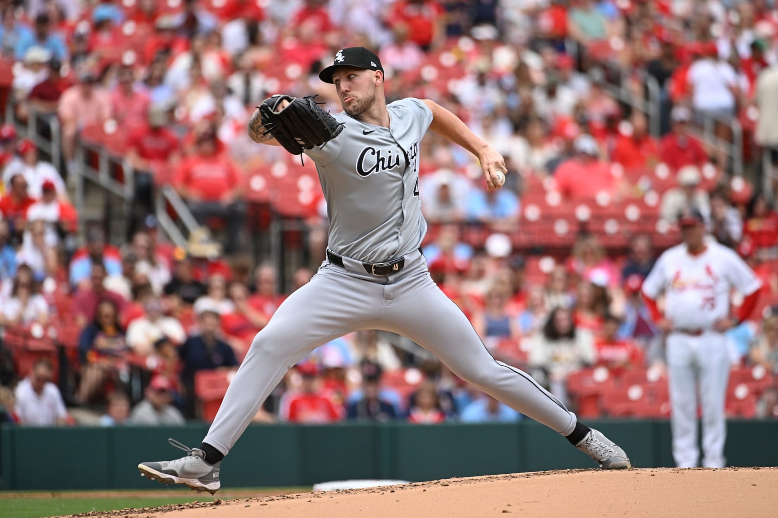 ST LOUIS, MISSOURI - MAY 5: Garrett Crochet #45 of the Chicago White Sox pitches against the St. Louis Cardinals in the second inning at Busch Stadium on May 5, 2024 in St Louis, Missouri. (Photo by Joe Puetz/Getty Images)