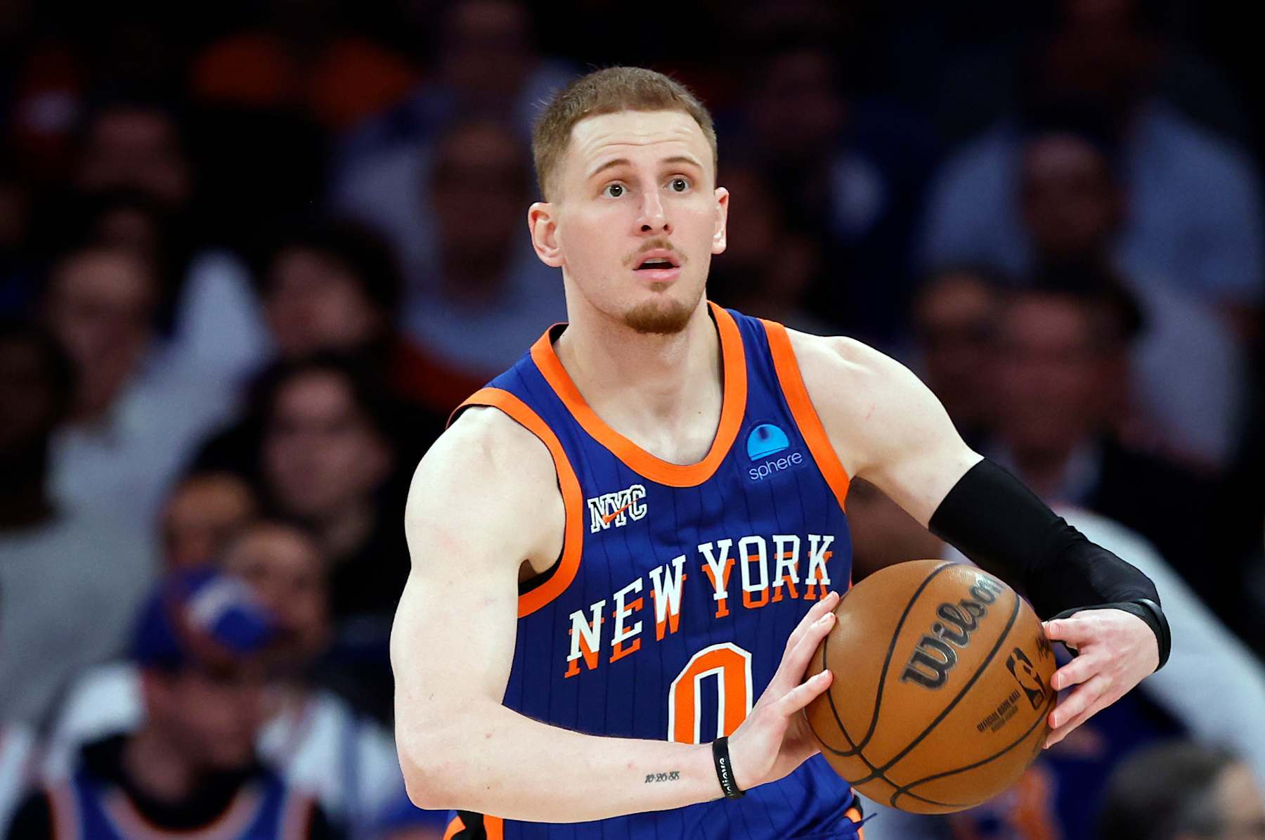 NEW YORK, NEW YORK - MAY 14: Donte DiVincenzo #0 of the New York Knicks passes the ball during Game Five of the Eastern Conference Second Round Playoffs against the Indiana Pacers at Madison Square Garden on May 14, 2024 in New York City. The Knicks won 121-91. NOTE TO USER: User expressly acknowledges and agrees that, by downloading and or using this photograph, User is consenting to the terms and conditions of the Getty Images License Agreement. (Photo by Sarah Stier/Getty Images)