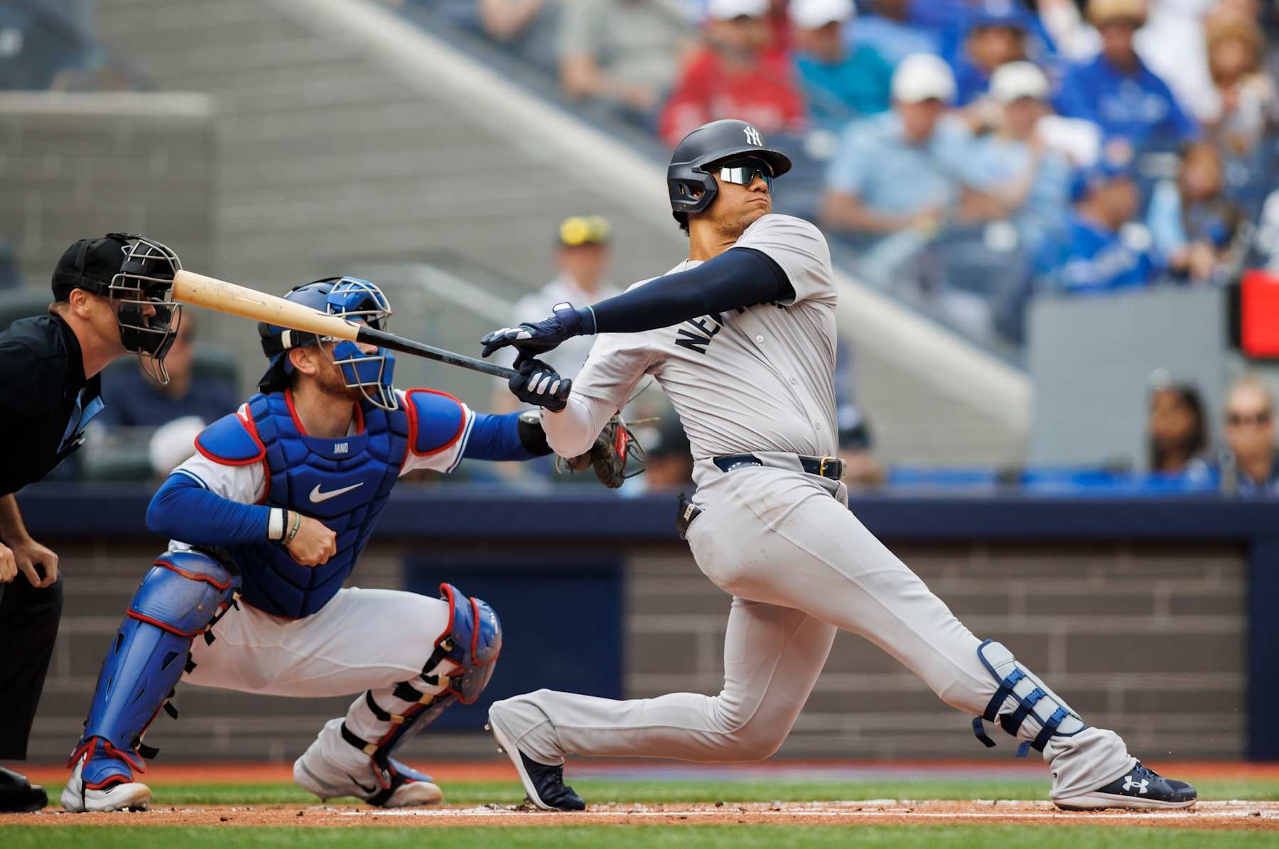 TORONTO, CANADA - JUNE 30: Juan Soto #22 of the New York Yankees in the first inning of their MLB game against the Toronto Blue Jays at Rogers Centre on June 30, 2024 in Toronto, Ontario, Canada. (Photo by Cole Burston/Getty Images)