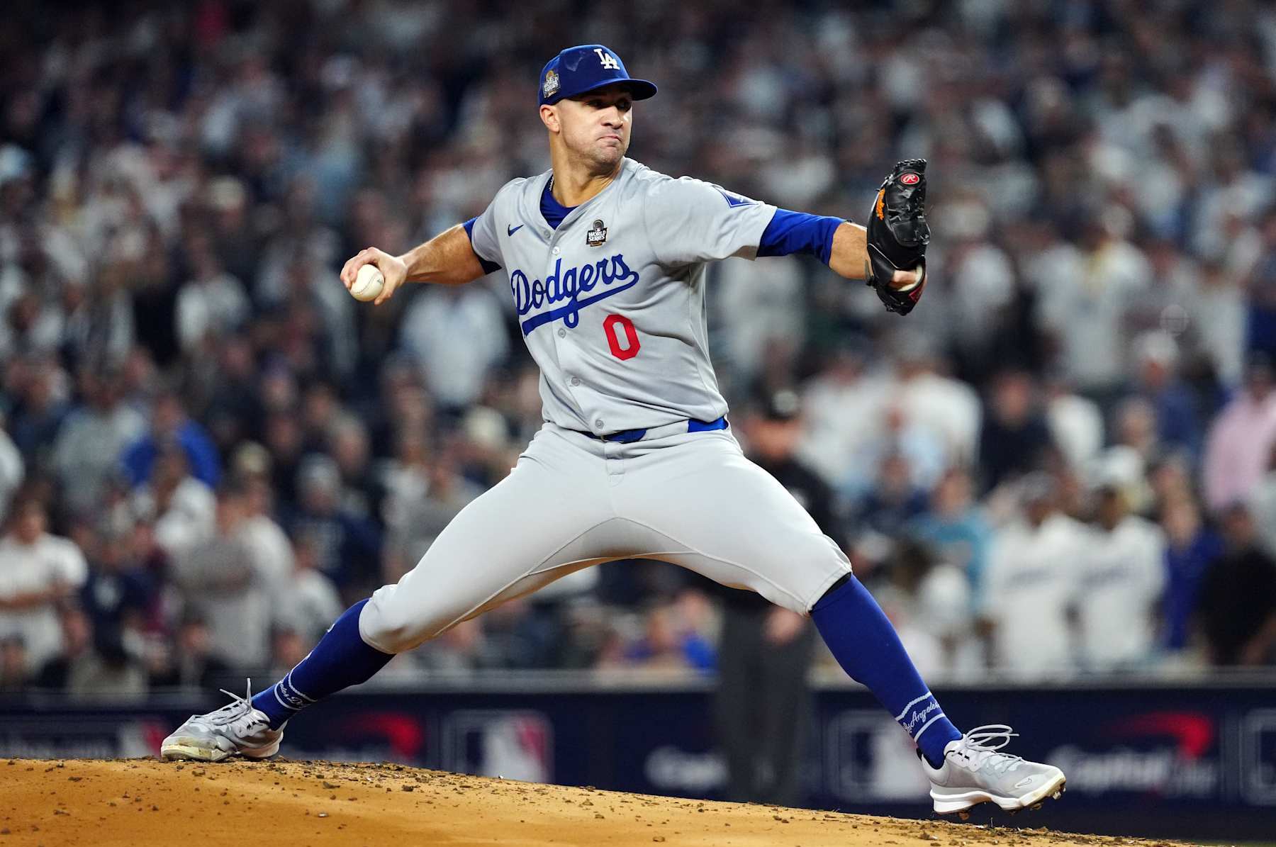 NEW YORK, NY - OCTOBER 30: Jack Flaherty #0 of the Los Angeles Dodgers pitches in the first inning during Game 5 of the 2024 World Series presented by Capital One between the Los Angeles Dodgers and the New York Yankees at Yankee Stadium on Wednesday, October 30, 2024 in New York, New York. (Photo by Daniel Shirey/MLB Photos via Getty Images)