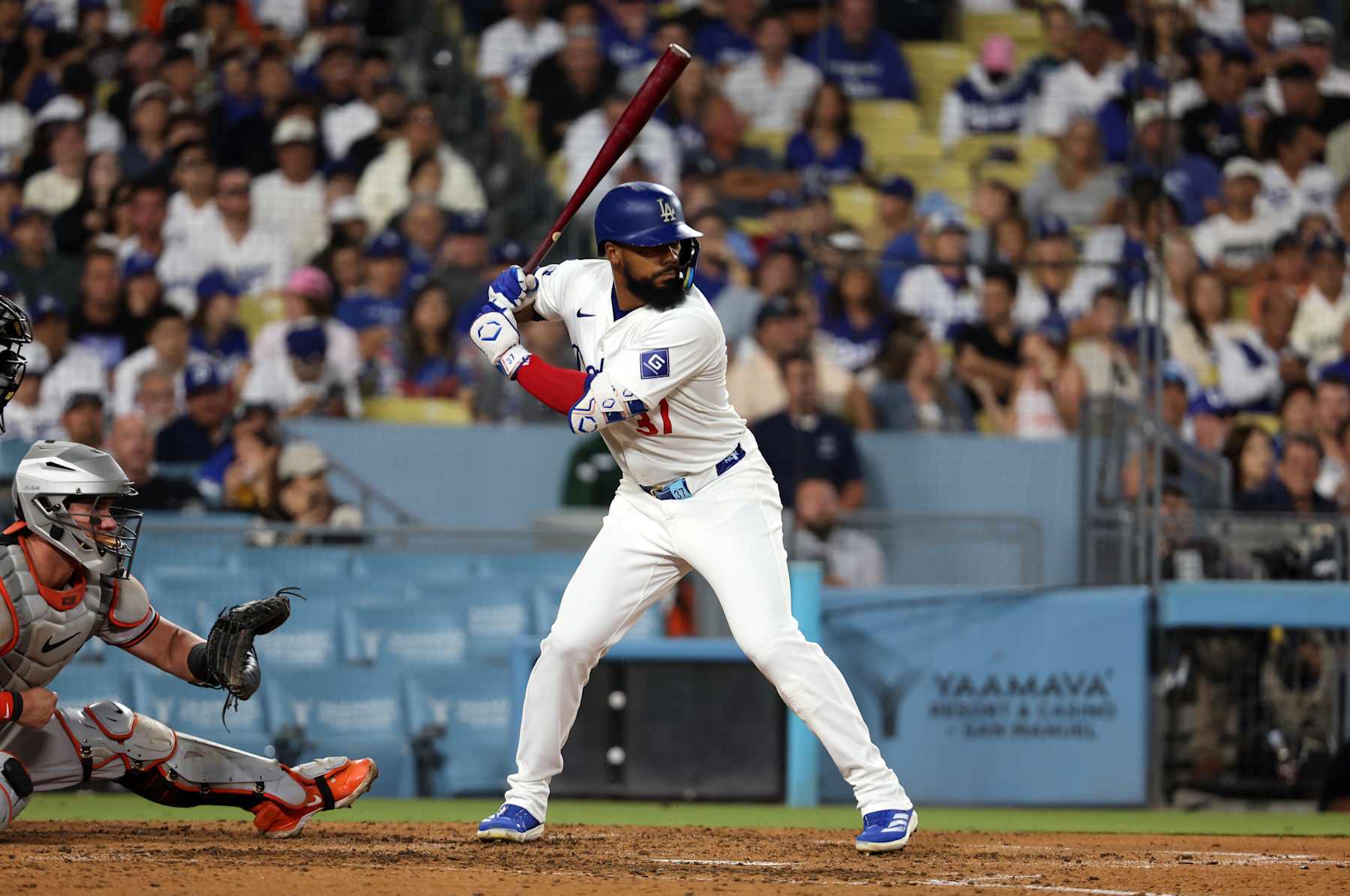 LOS ANGELES, CA - AUGUST 28: Teoscar Hernández #37 of the Los Angeles Dodgers bats during the game against the Baltimore Orioles at Dodger Stadium on August 28, 2024 in Los Angeles, California. The Dodgers defeated the Orioles 6-4. (Photo by Rob Leiter/MLB Photos via Getty Images)
