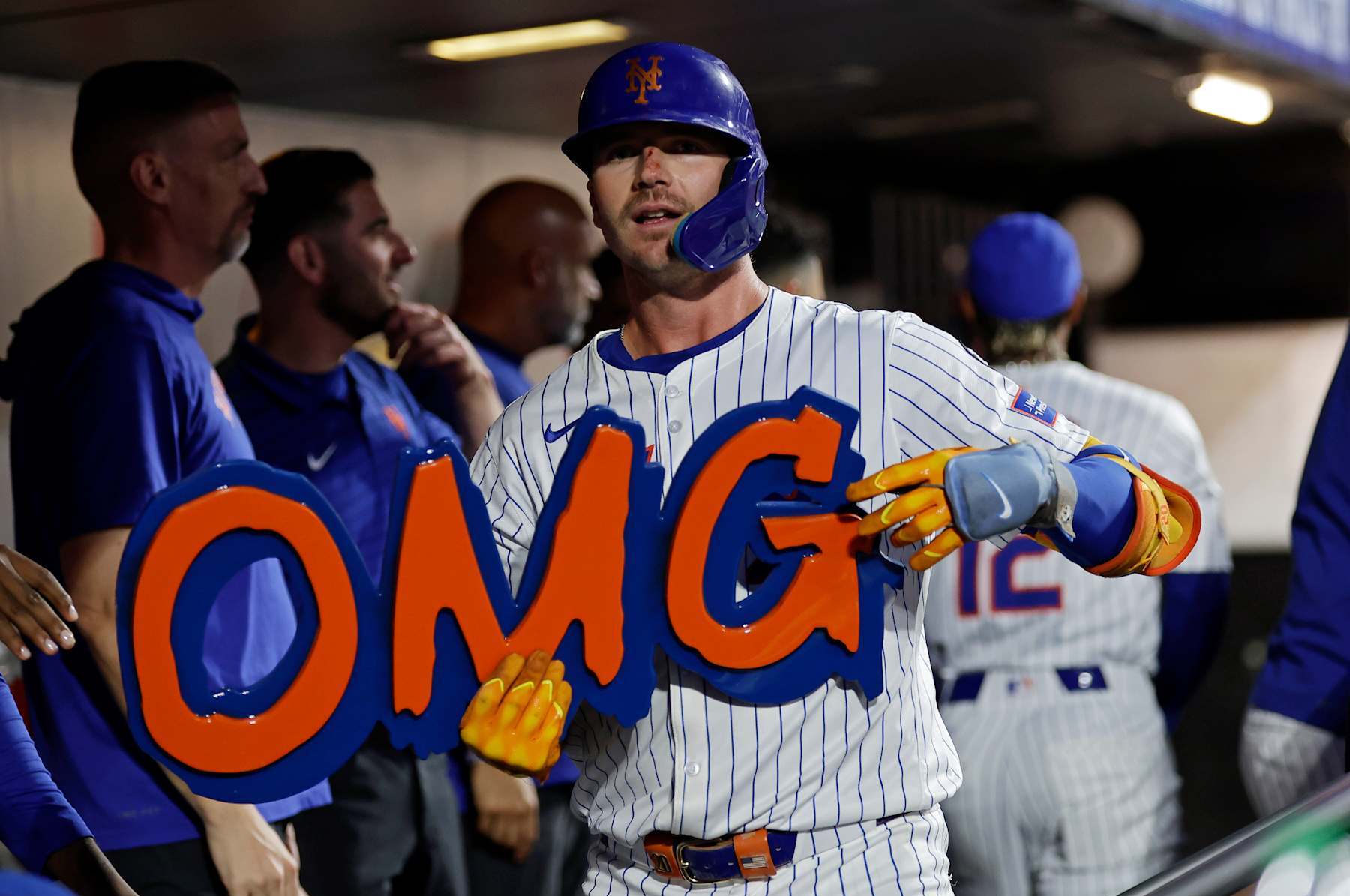 NEW YORK, NY - AUGUST 14: Pete Alonso #20 of the New York Mets reacts after hitting a home run during the fourth inning against the Oakland Athletics at Citi Field on August 14, 2024 in New York City. (Photo by Adam Hunger/Getty Images)