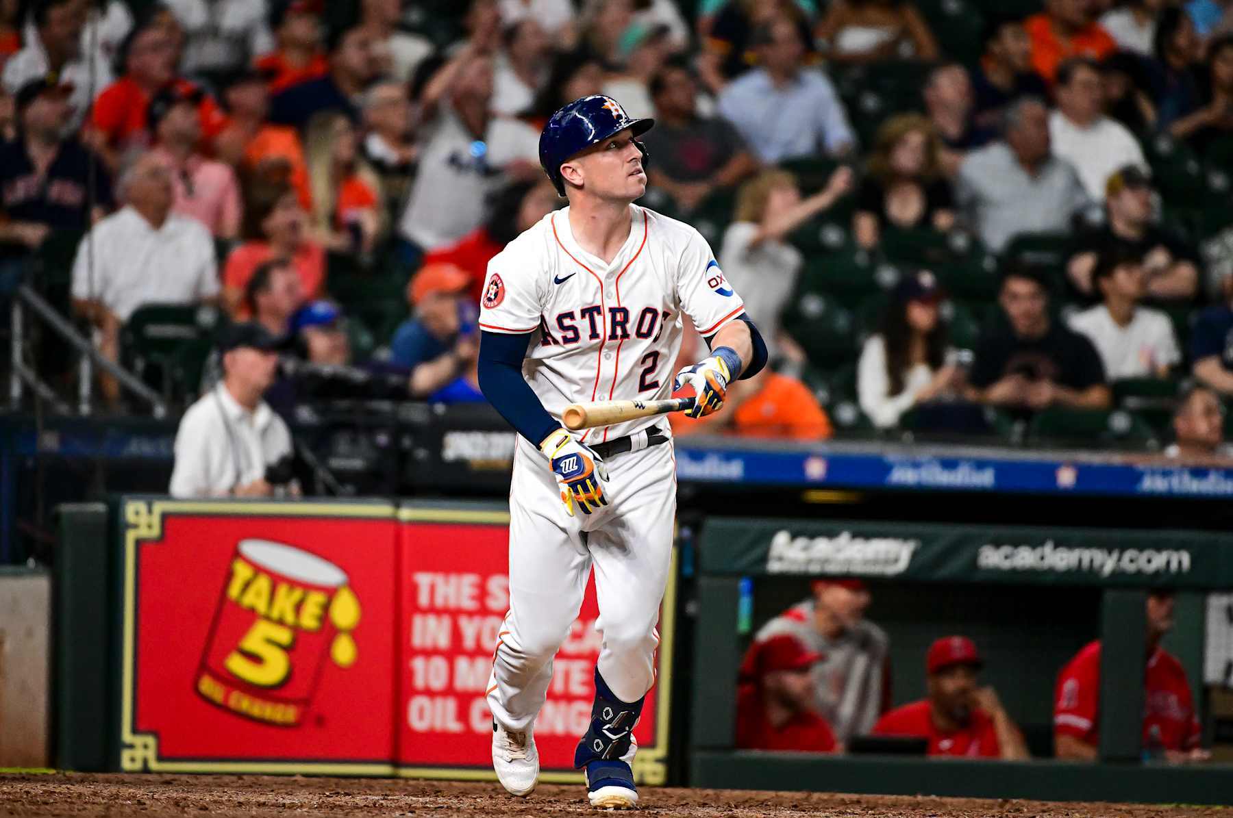 HOUSTON, TEXAS - MAY 21:Alex Bregman #2 of the Houston Astros bats against the Los Angeles Angels at Minute Maid Park on May 21, 2024 in Houston, Texas. (Photo by Logan Riely/Getty Images)