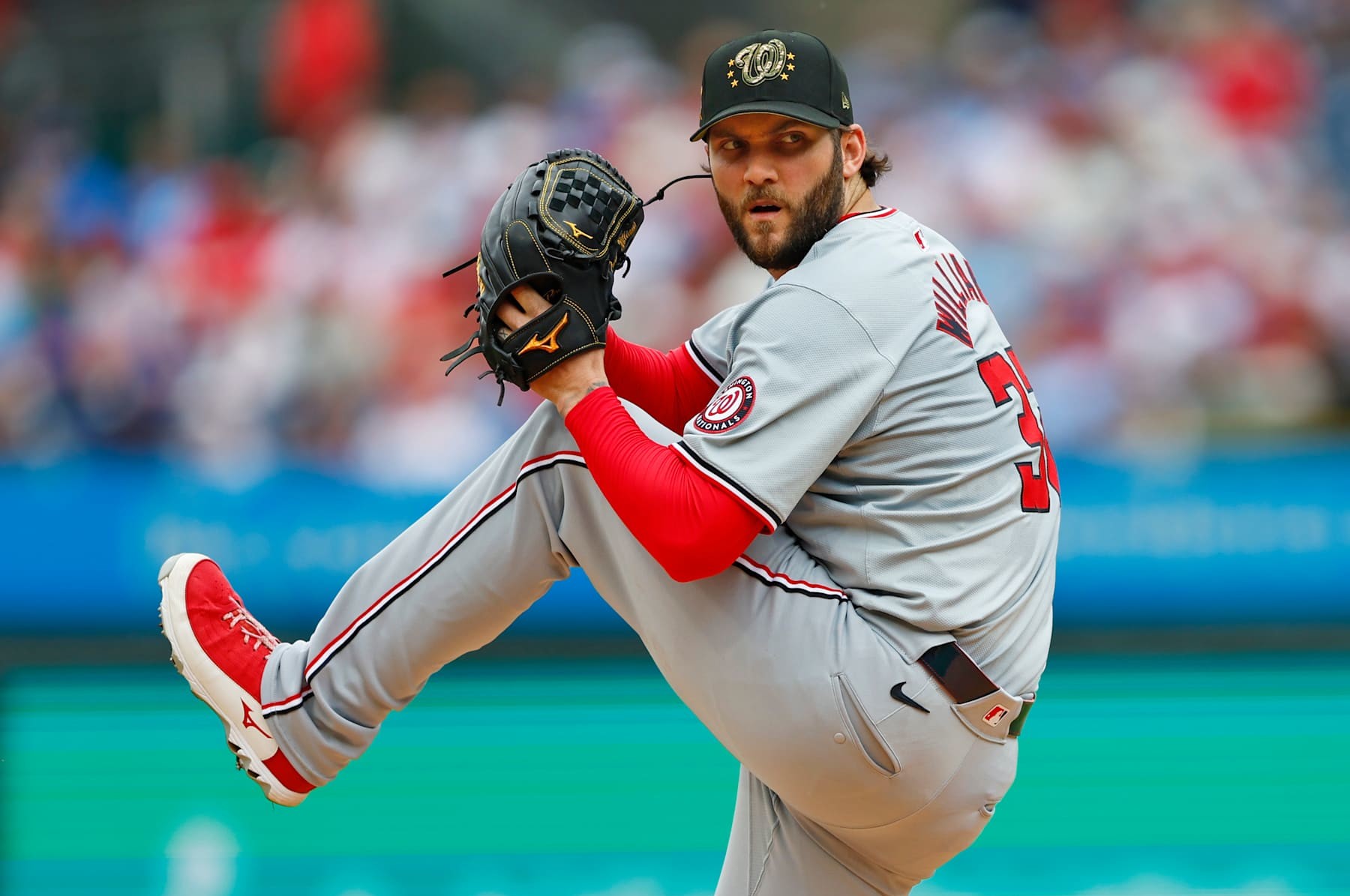 PHILADELPHIA, PENNSYLVANIA - MAY 19: Trevor Williams #32 of the Washington Nationals in action against the Philadelphia Phillies during a game at Citizens Bank Park on May 19, 2024 in Philadelphia, Pennsylvania. (Photo by Rich Schultz/Getty Images)