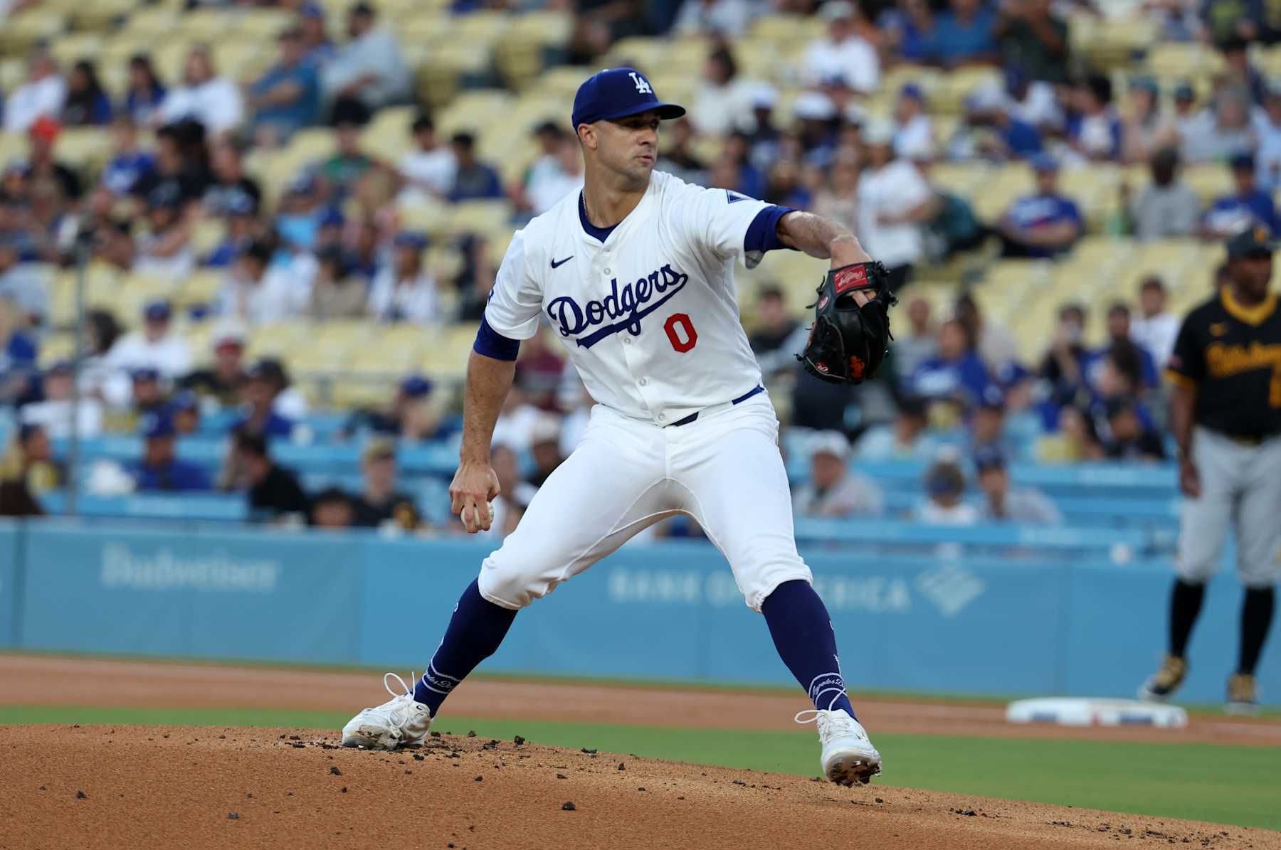 LOS ANGELES, CA - AUGUST 9: Jack Flaherty #0 of the Los Angeles Dodgers pitches during the game against the Pittsburgh Pirates at Dodger Stadium on August 9, 2024 in Los Angeles, California. The Dodgers defeated the Pirates 9-5. (Photo by Rob Leiter/MLB Photos via Getty Images)
