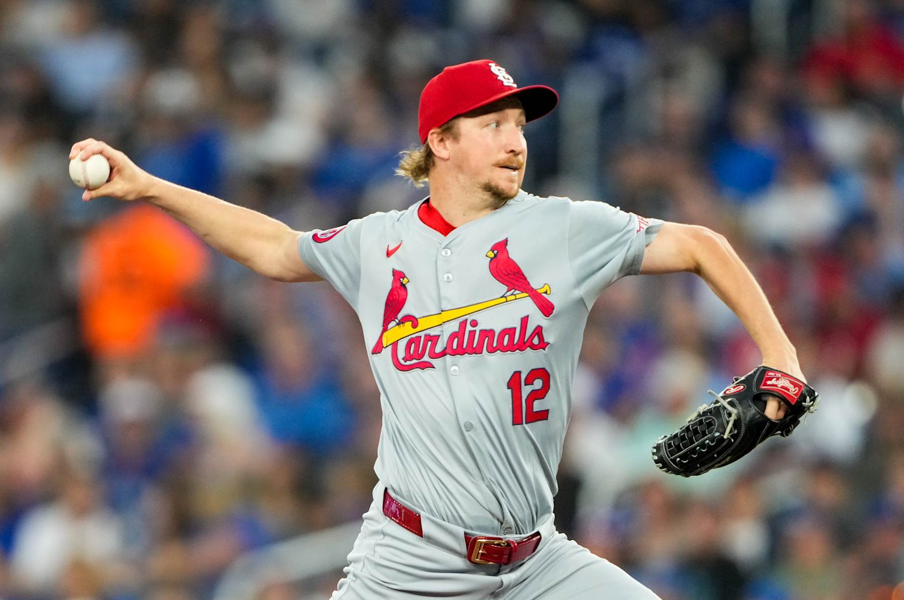 TORONTO, CANADA - September 13: Erick Fedde #12 of the St. Louis Cardinals pitches to the Toronto Blue Jays during the first inning at Rogers Centre on September 13, 2024 in Toronto, Canada. (Photo by Kevin Sousa/Getty Images)