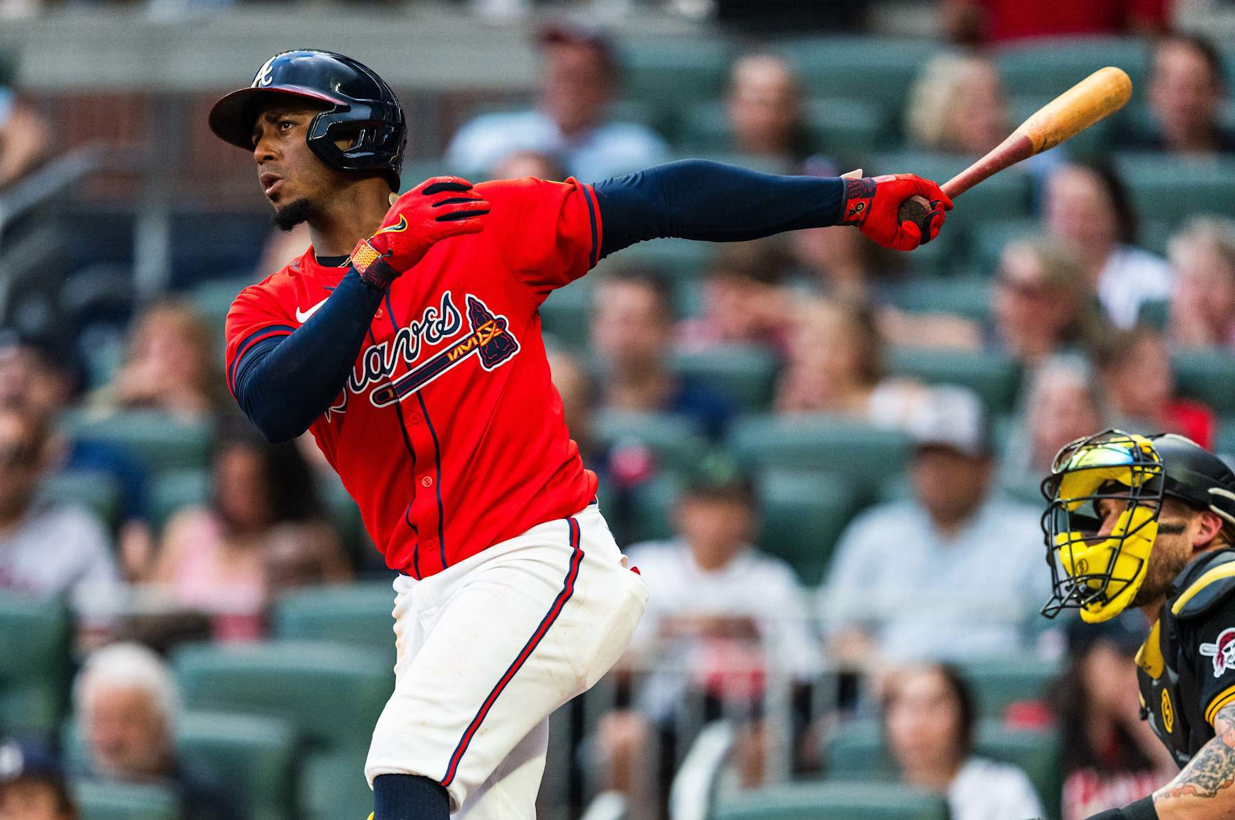 ATLANTA, GA - JUNE 28: Ozzie Albies #1 of the Atlanta Braves hits a single in the third inning against the Pittsburg Pirates at Truist Park on June 28, 2024 in Atlanta, Georgia. (Photo by Matthew Grimes Jr./Atlanta Braves/Getty Images)