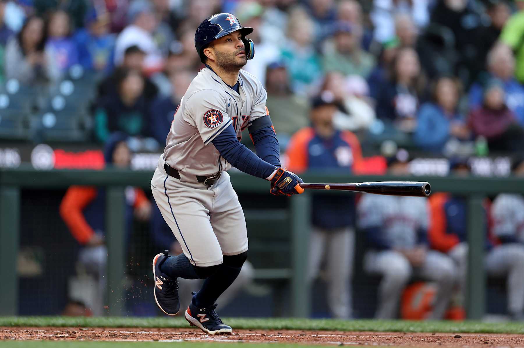 SEATTLE, WASHINGTON - MAY 28: Jose Altuve #27 of the Houston Astros at bat against the Seattle Mariners at T-Mobile Park on May 28, 2024 in Seattle, Washington. (Photo by Steph Chambers/Getty Images)