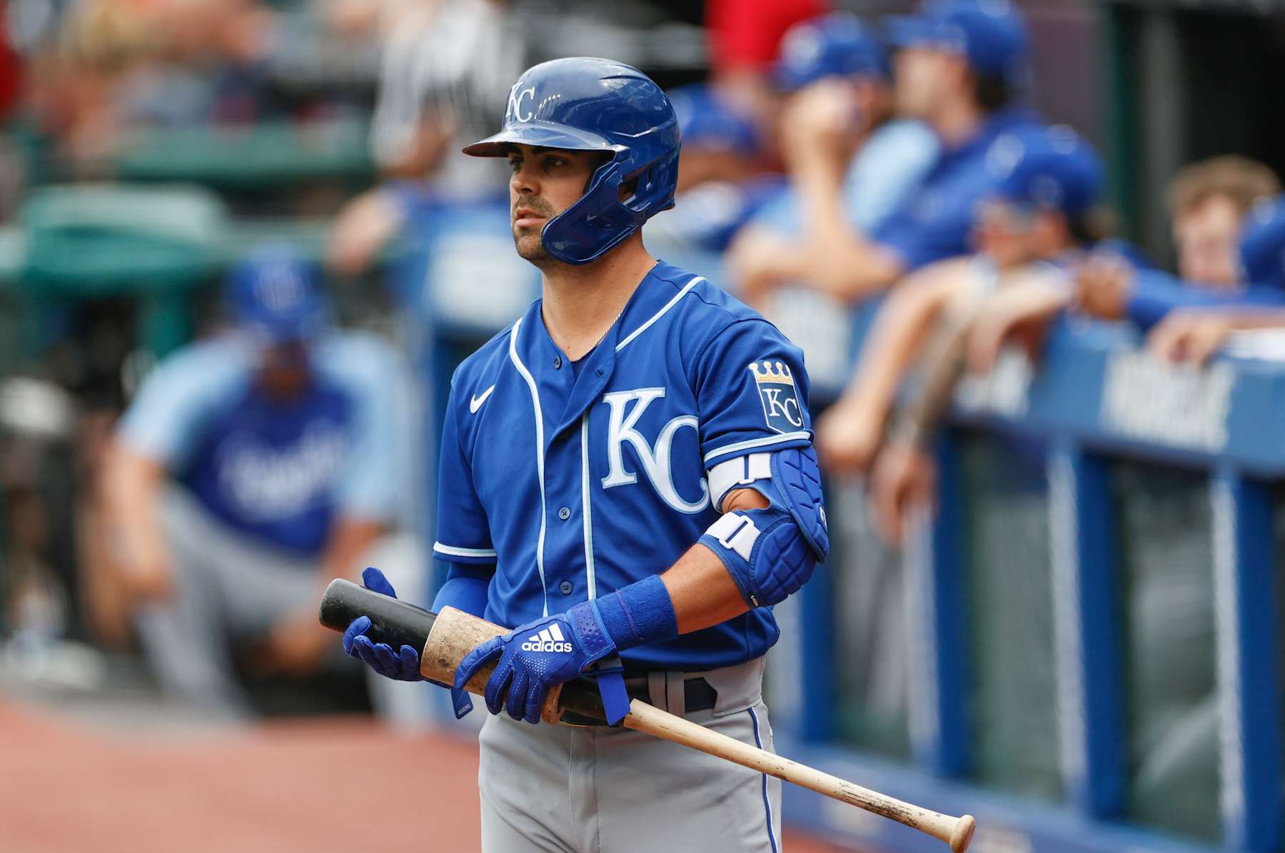 CLEVELAND, OH - SEPTEMBER 20: Whit Merrifield #15 of the Kansas City Royals waits to bat against the Cleveland Indians in the first inning during game one of a doubleheader at Progressive Field on September 20, 2021 in Cleveland, Ohio. (Photo by Ron Schwane/Getty Images)
