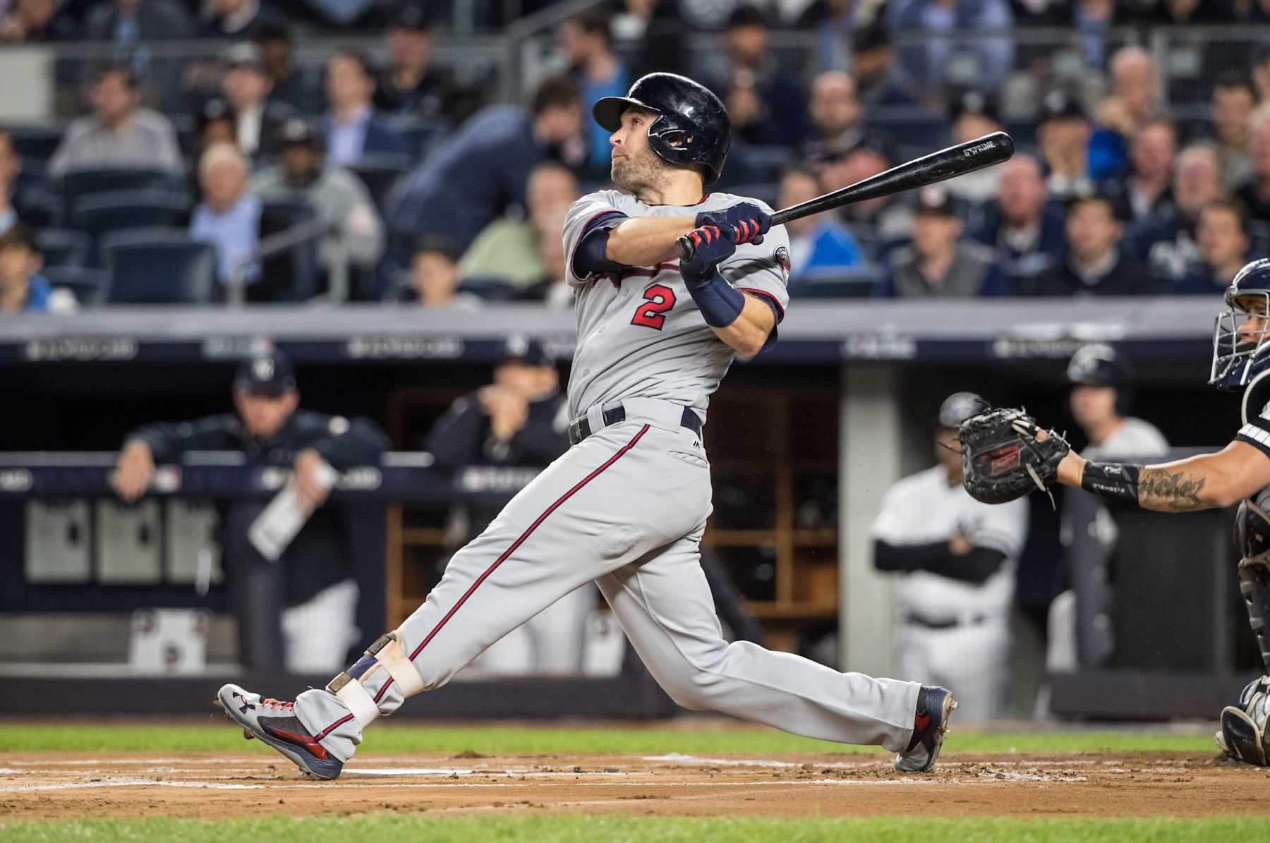 NEW YORK, NY - OCTOBER 03: Brian Dozier #2 of the Minnesota Twins bats and hits a home run against the New York Yankees during the American League Wild Card Game at Yankee Stadium on October 3, 2017 in the Bronx borough of New York City. (Photo by Brace Hemmelgarn/Minnesota Twins/Getty Images)*** Local Caption *** Brian Dozier