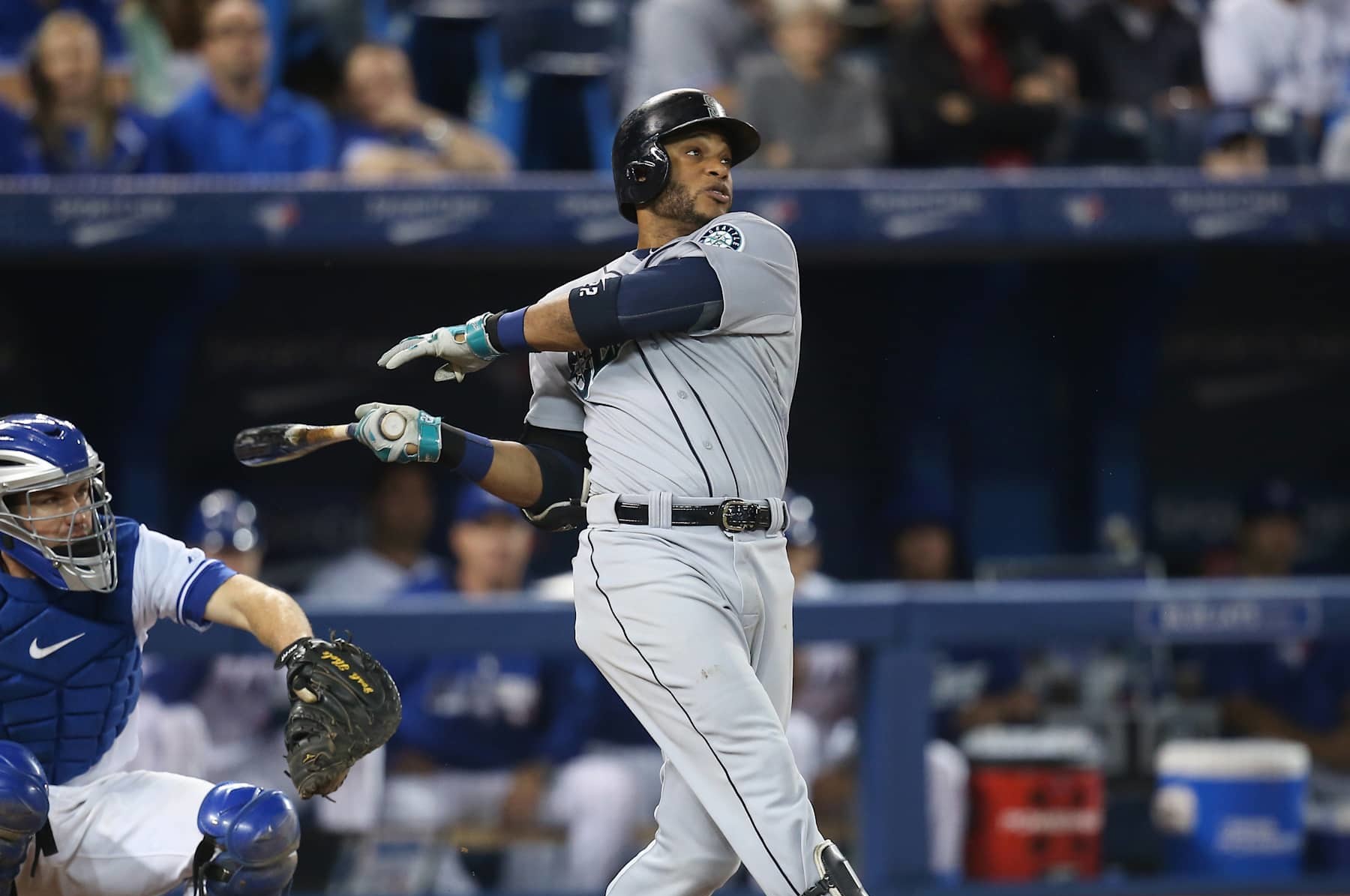 TORONTO, CANADA - SEPTEMBER 23: Robinson Cano #22 of the Seattle Mariners bats in the eighth inning during MLB game action against the Toronto Blue Jays on September 23, 2014 at Rogers Centre in Toronto, Ontario, Canada. (Photo by Tom Szczerbowski/Getty Images)