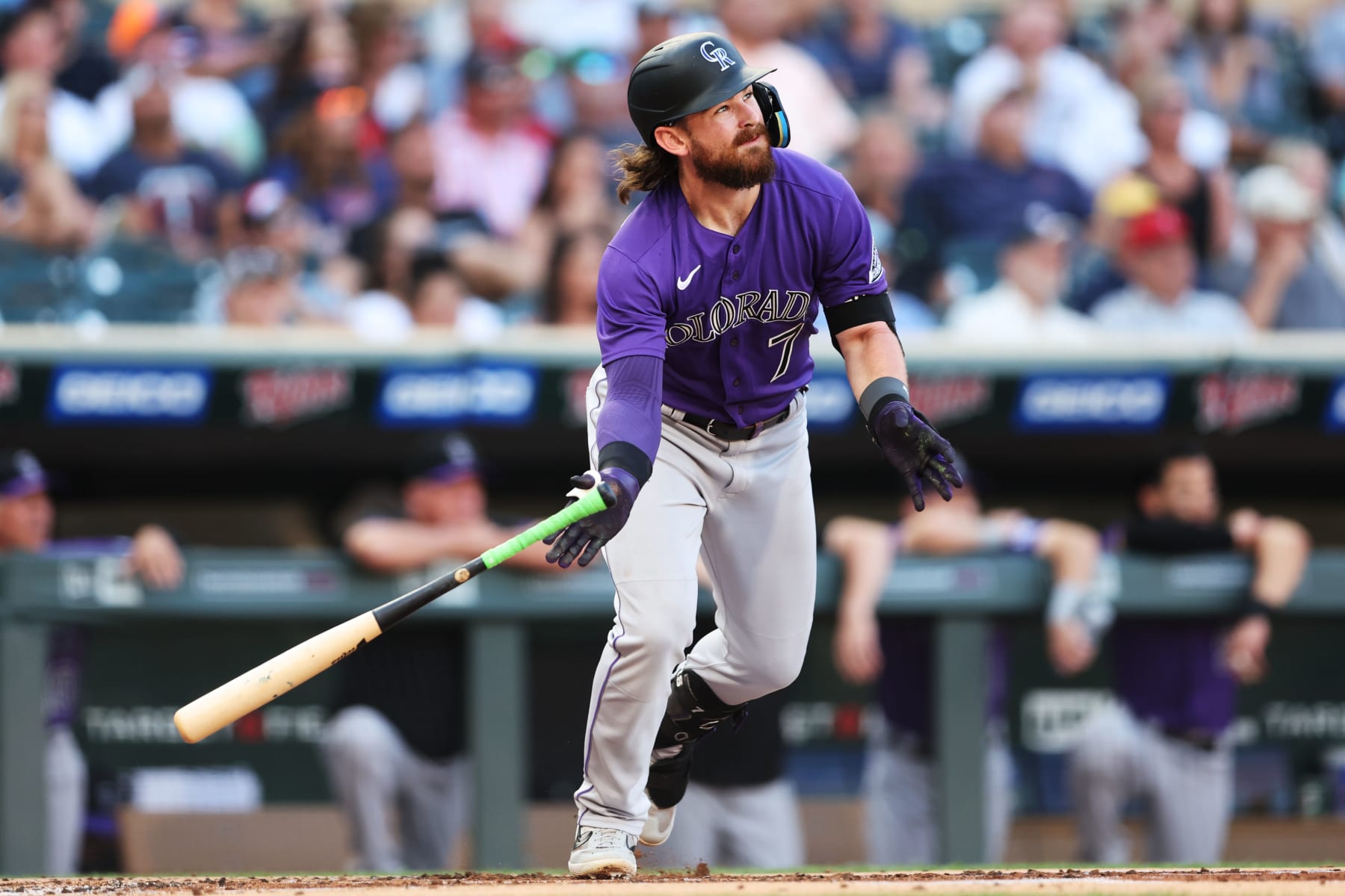 MINNEAPOLIS, MN - JUNE 24: Brendan Rodgers #7 of the Colorado Rockies doubles to the right in the second inning during the game between the Colorado Rockies and the Minnesota Twins at Target Field on Friday, June 24, 2022 in Minneapolis, Minnesota. (Photo by Rob Tringali/MLB Photos via Getty Images)