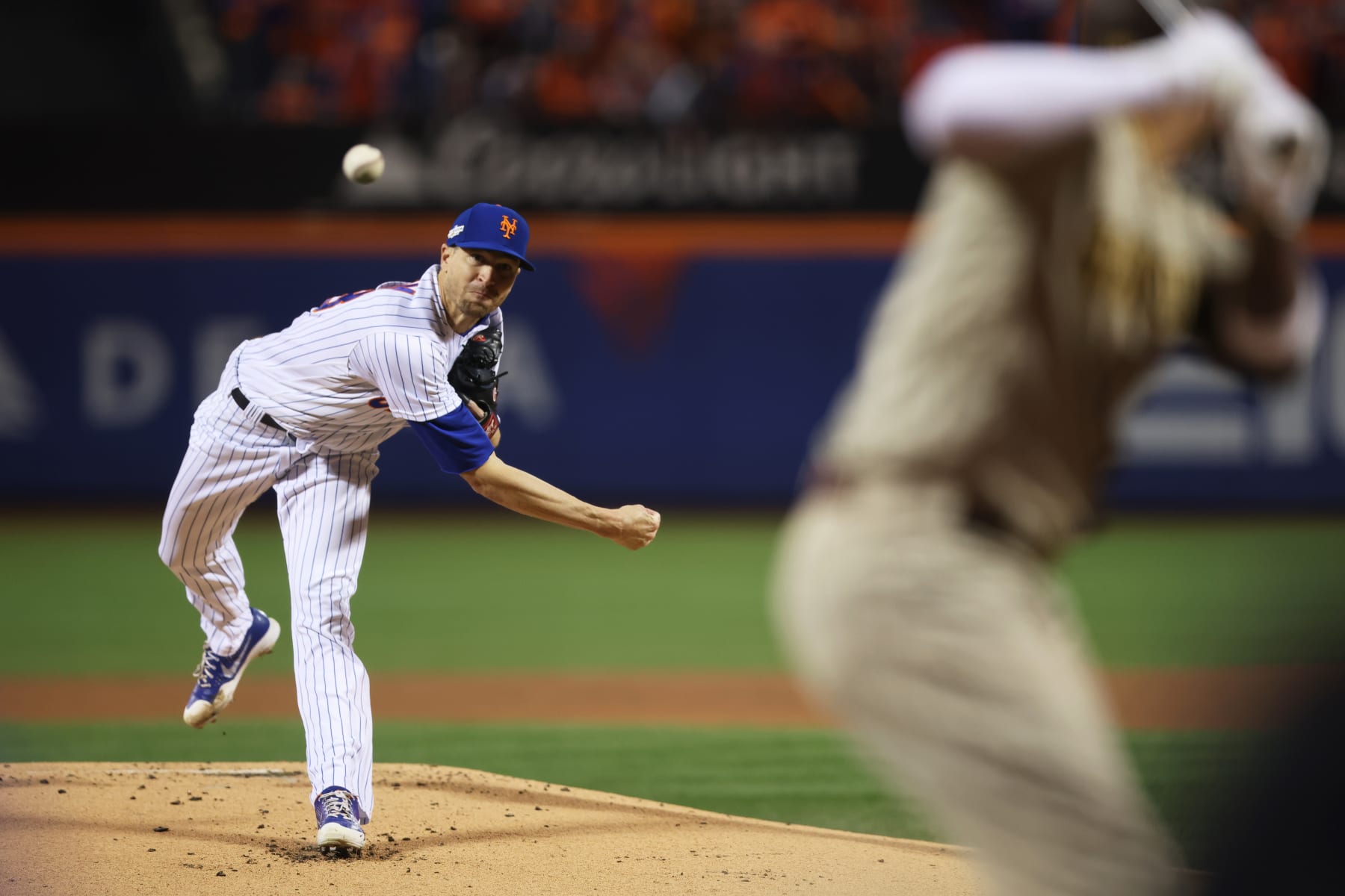 NEW YORK, NY - OCTOBER 08: Jacob deGrom #48 of the New York Mets pitches in the first inning during the Wild Card Series game between the San Diego Padres and the New York Mets at Citi Field on Saturday, October 8, 2022 in New York, New York. (Photo by Rob Tringali/MLB Photos via Getty Images)