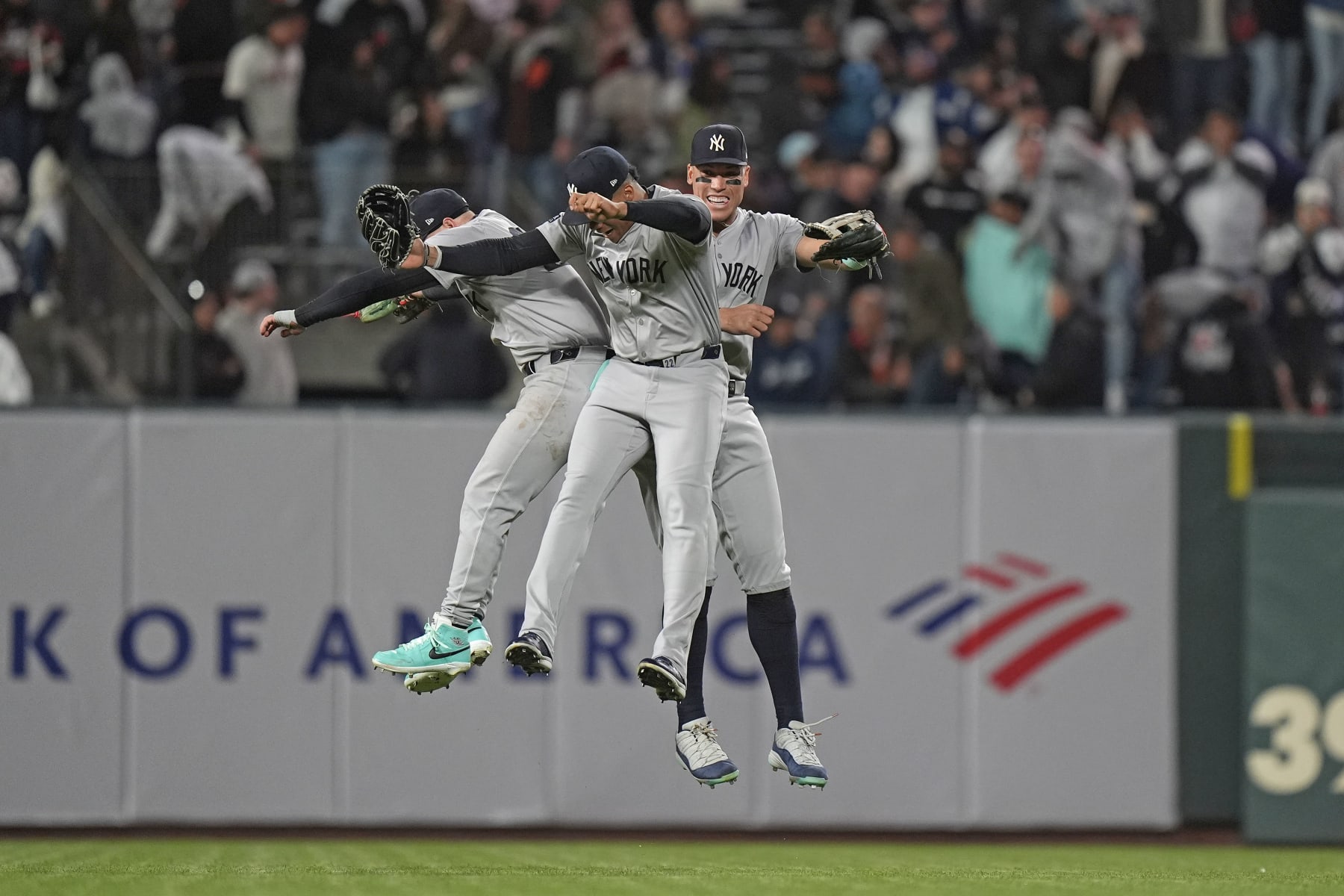SAN FRANCISCO, CALIFORNIA - JUNE 1: Yankees outfielders reacts after a win at Oracle Park on June 1, 2024 in San Francisco, California. (Photo by Andy Kuno/San Francisco Giants/Getty Images)