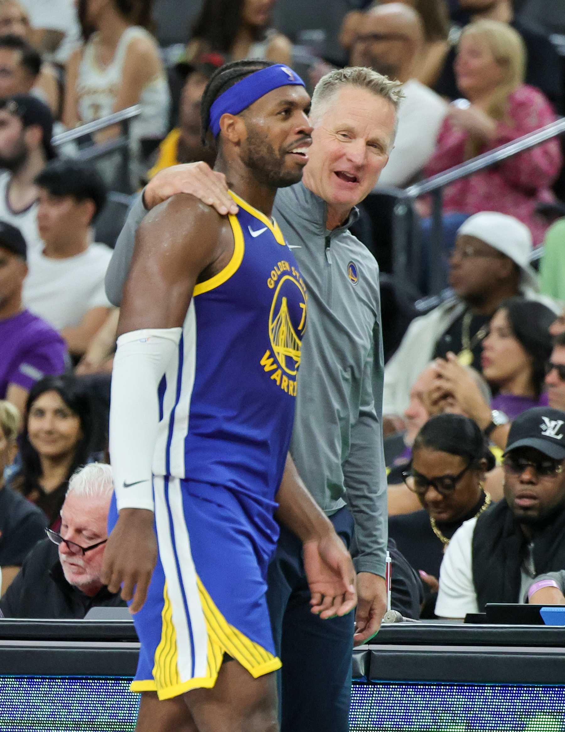 Warriors guard Buddy Hield and head coach Steve Kerr