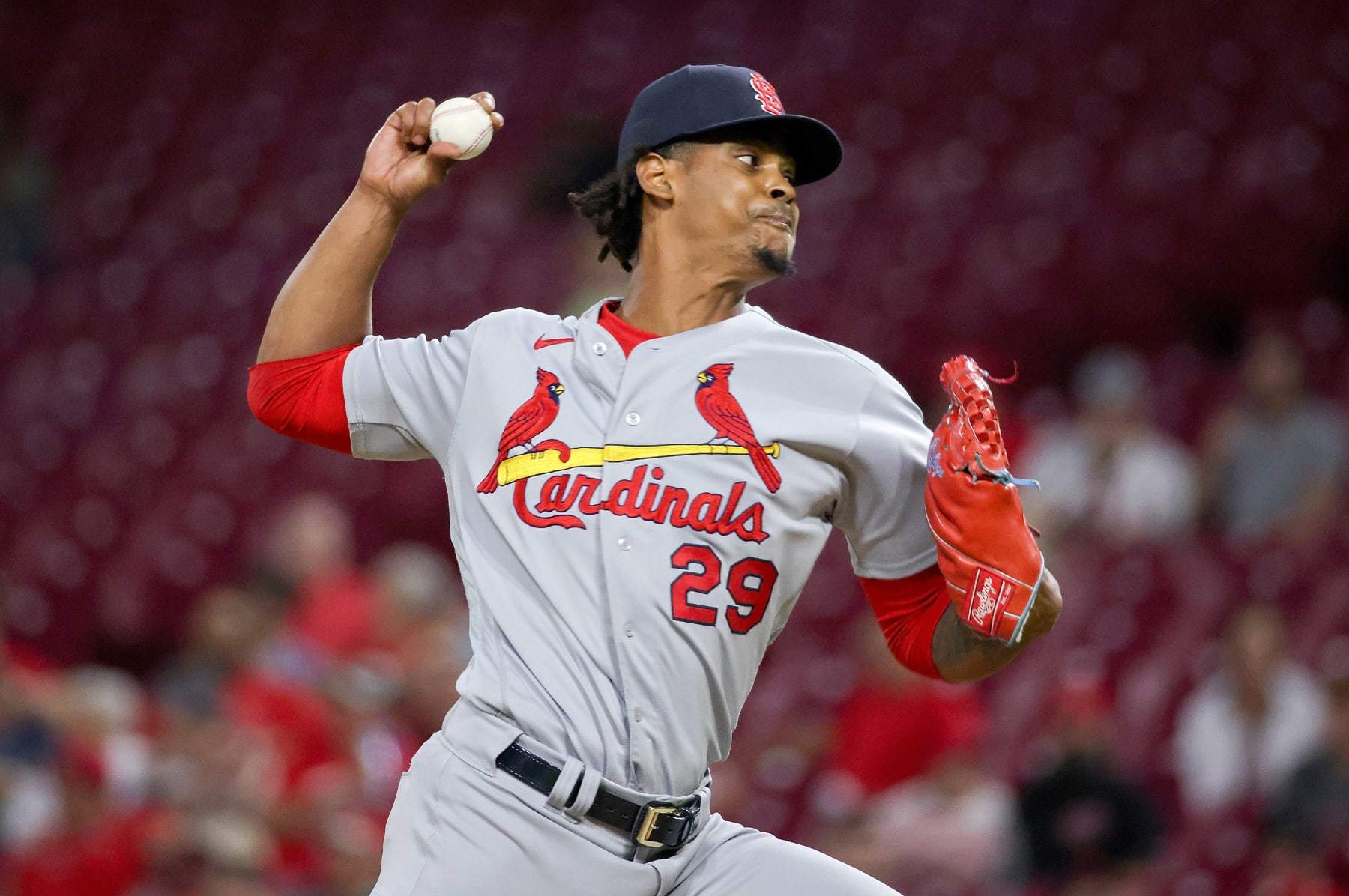 CINCINNATI, OHIO - SEPTEMBER 01: Alex Reyes #29 of the St. Louis Cardinals pitches in the sixth inning against the Cincinnati Reds during game two of a doubleheader at Great American Ball Park on September 01, 2021 in Cincinnati, Ohio. (Photo by Dylan Buell/Getty Images)