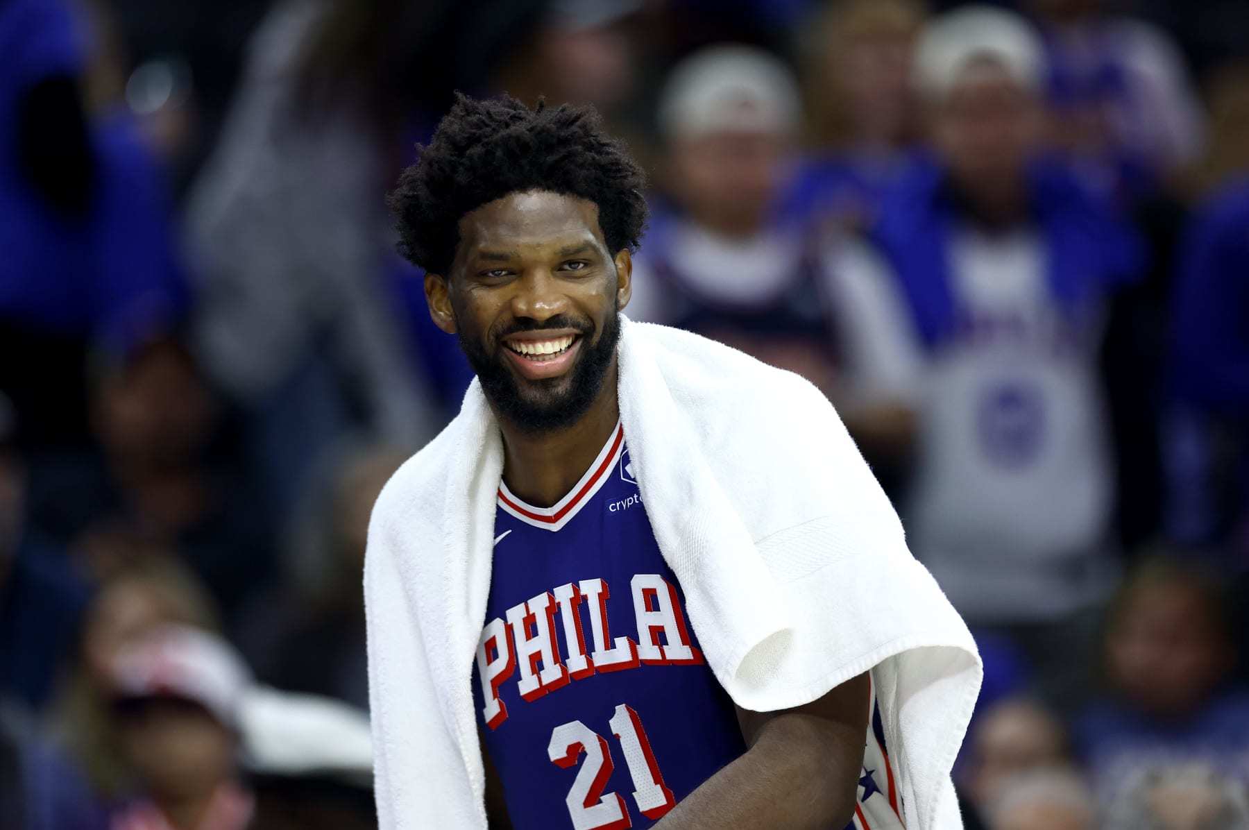 PHILADELPHIA, PENNSYLVANIA - OCTOBER 29: Joel Embiid #21 of the Philadelphia 76ers reacts during the fourth quarter against the Portland Trail Blazers at Wells Fargo Center on October 29, 2023 in Philadelphia, Pennsylvania. NOTE TO USER: User expressly acknowledges and agrees that, by downloading and or using this photograph, User is consenting to the terms and conditions of the Getty Images License Agreement. (Photo by Tim Nwachukwu/Getty Images) PHILADELPHIA, PENNSYLVANIA - OCTOBER 29: Joel Embiid #21 of the Philadelphia 76ers reacts during the fourth quarter against the Portland Trail Blazers at Wells Fargo Center on October 29, 2023 in Philadelphia, Pennsylvania. NOTE TO USER: User expressly acknowledges and agrees that, by downloading and or using this photograph, User is consenting to the terms and conditions of the Getty Images License Agreement. (Photo by Tim Nwachukwu/Getty Images)