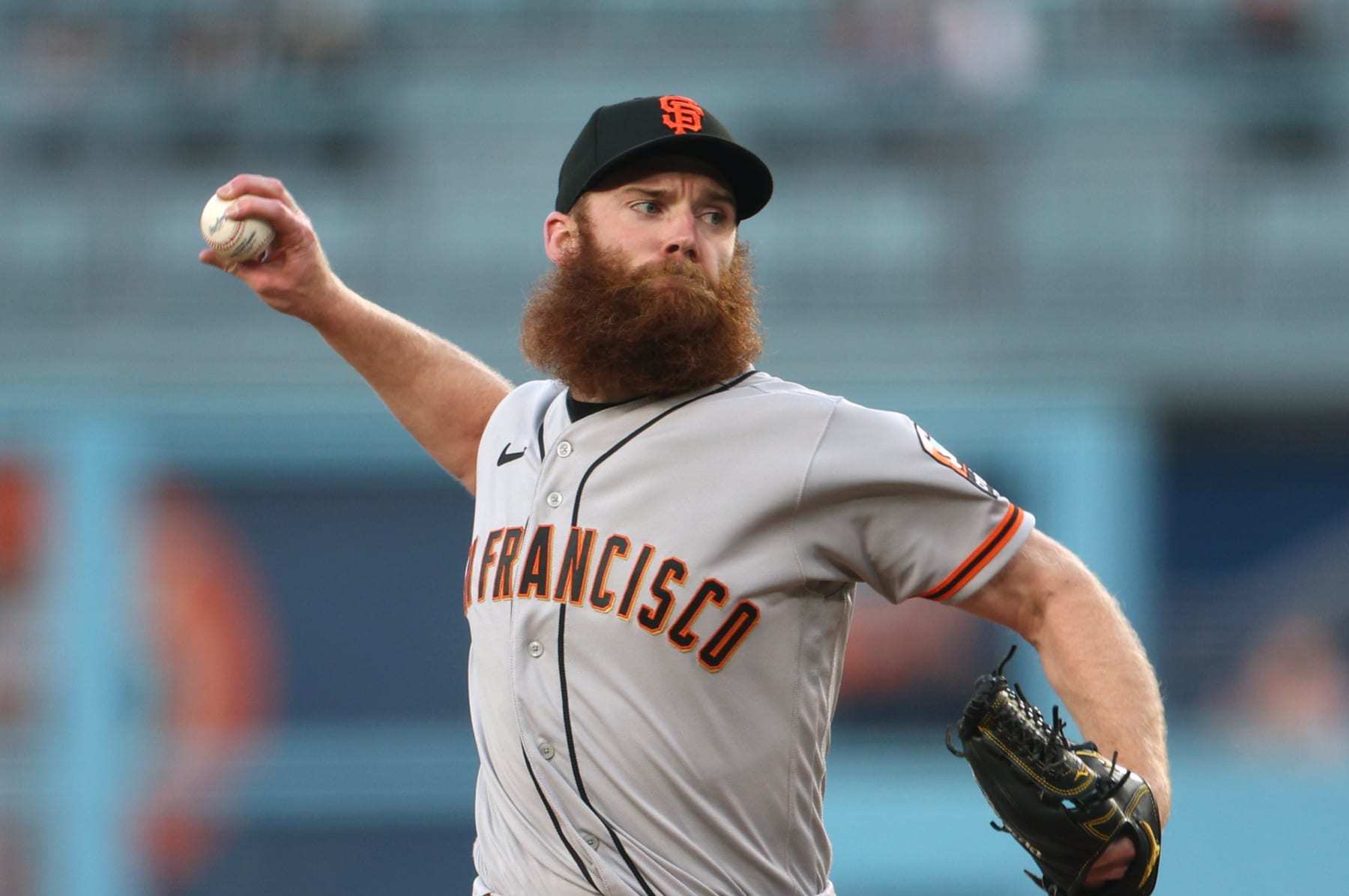 LOS ANGELES, CALIFORNIA - SEPTEMBER 23: John Brebbia #59 of the San Francisco Giants pitches against the Los Angeles Dodgers during the first inning at Dodger Stadium on September 23, 2023 in Los Angeles, California. (Photo by Harry How/Getty Images)