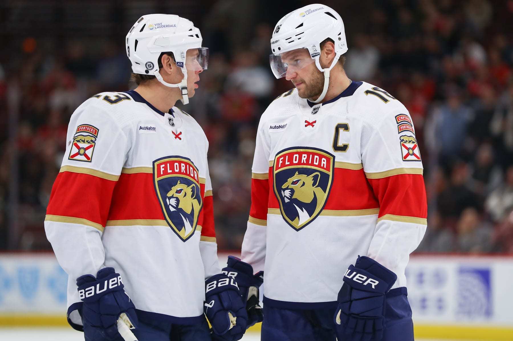 CHICAGO, IL - NOVEMBER 04: Aleksander Barkov #16 of the Florida Panthers and Carter Verhaeghe #23 of the Florida Panthers chat during the first period against the Chicago Blackhawks at the United Center on November 4, 2023 in Chicago, Illinois. (Photo by Melissa Tamez/Icon Sportswire via Getty Images)