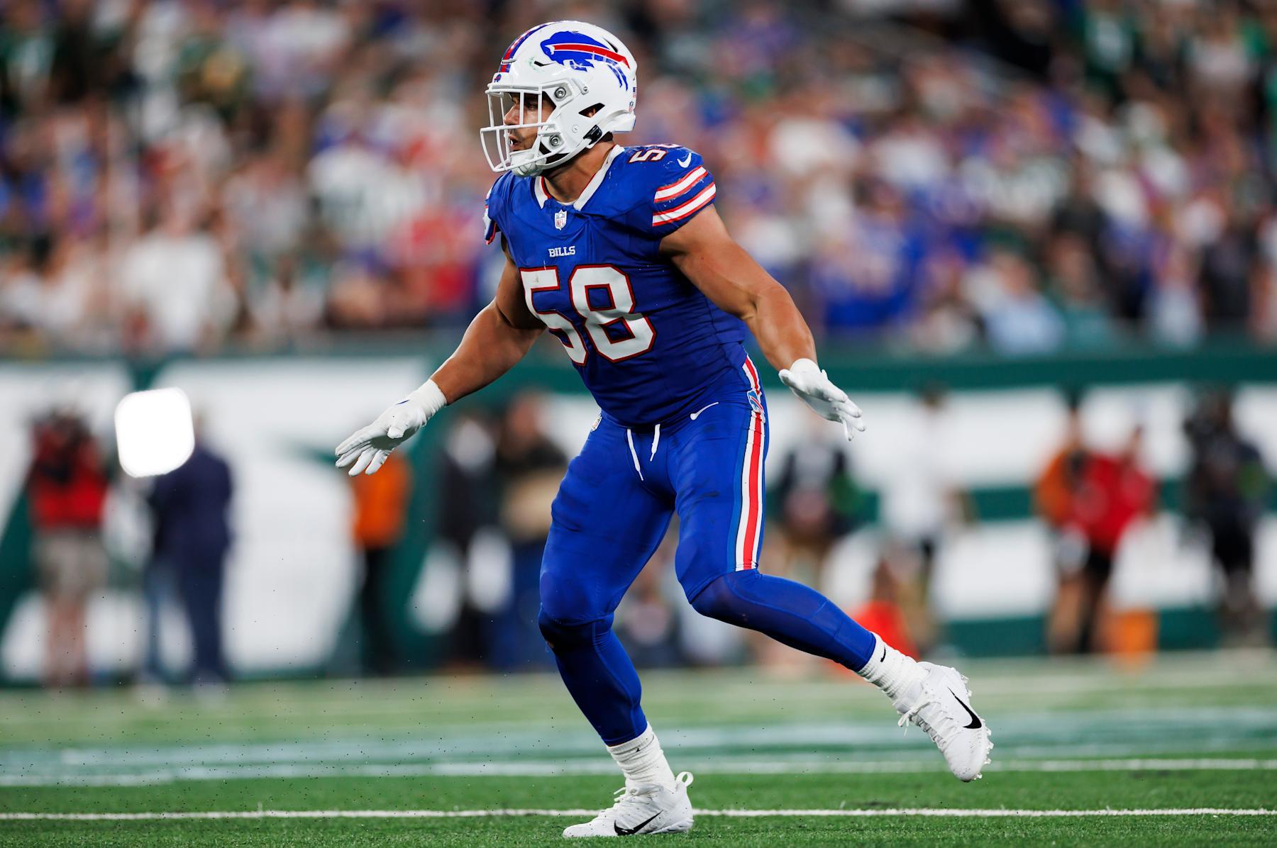 EAST RUTHERFORD, NEW JERSEY - SEPTEMBER 11: Matt Milano #58 of the Buffalo Bills defends in coverage during an NFL football game against the New York Jets at MetLife Stadium on September 11, 2023 in East Rutherford, New Jersey. (Photo by Ryan Kang/Getty Images)