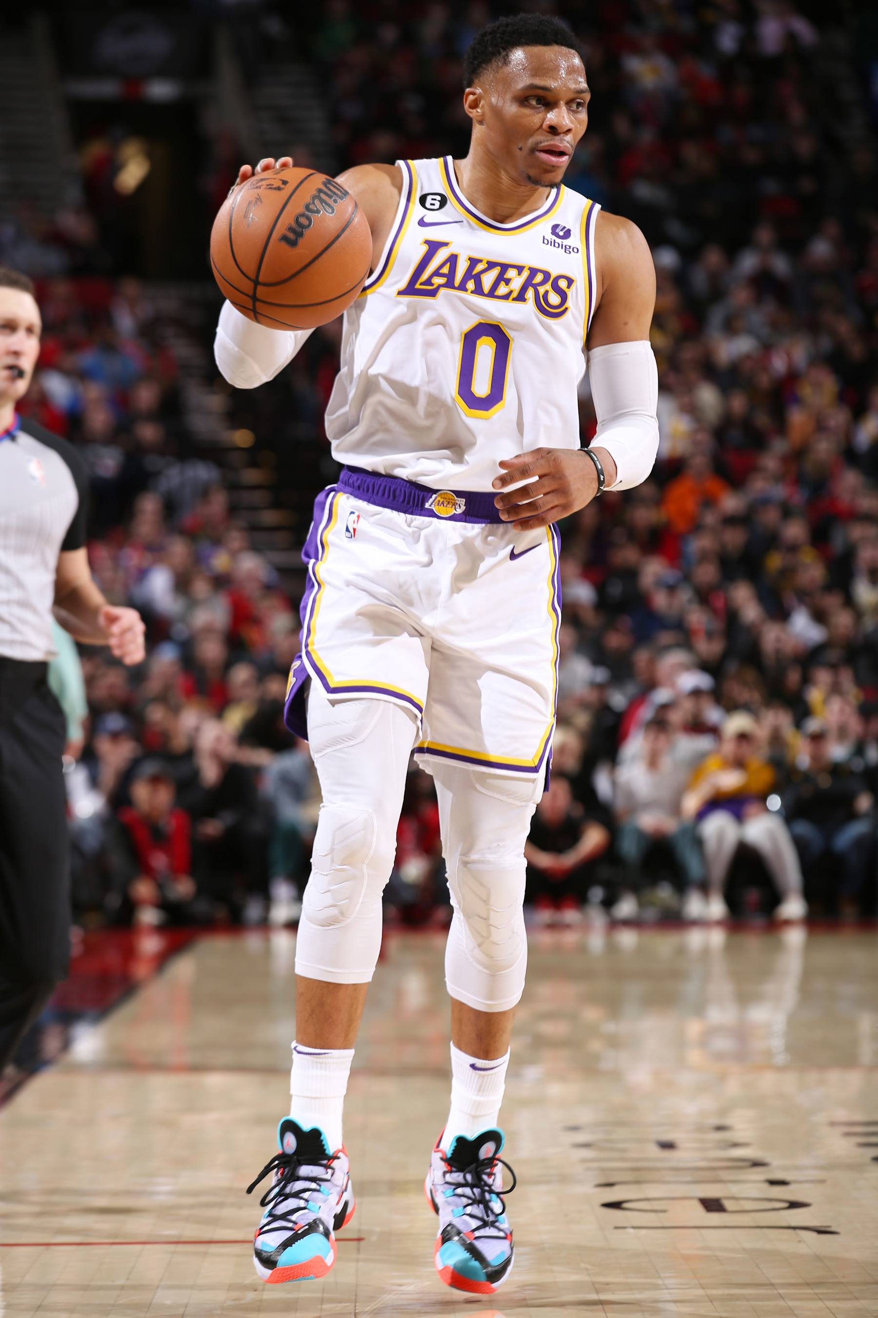 PORTLAND, OR - JANUARY 22: Russell Westbrook #0 of the Los Angeles Lakers dribbles the ball during the game against the Portland Trail Blazers on January 22, 2023 at the Moda Center Arena in Portland, Oregon. NOTE TO USER: User expressly acknowledges and agrees that, by downloading and or using this photograph, user is consenting to the terms and conditions of the Getty Images License Agreement. Mandatory Copyright Notice: Copyright 2022 NBAE (Photo by Cameron Browne/NBAE via Getty Images)