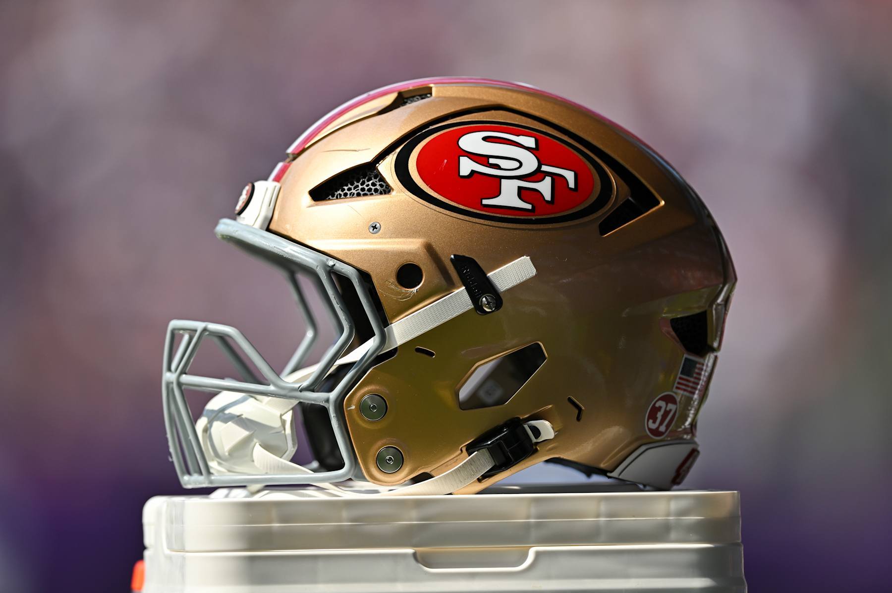 MINNEAPOLIS, MINNESOTA - SEPTEMBER 15: A view of a San Francisco 49ers football helmet during the game against the Minnesota Vikings at U.S. Bank Stadium on September 15, 2024 in Minneapolis, Minnesota. The Vikings beat the 49ers 23-17. (Photo by Alika Jenner/Getty Images)
