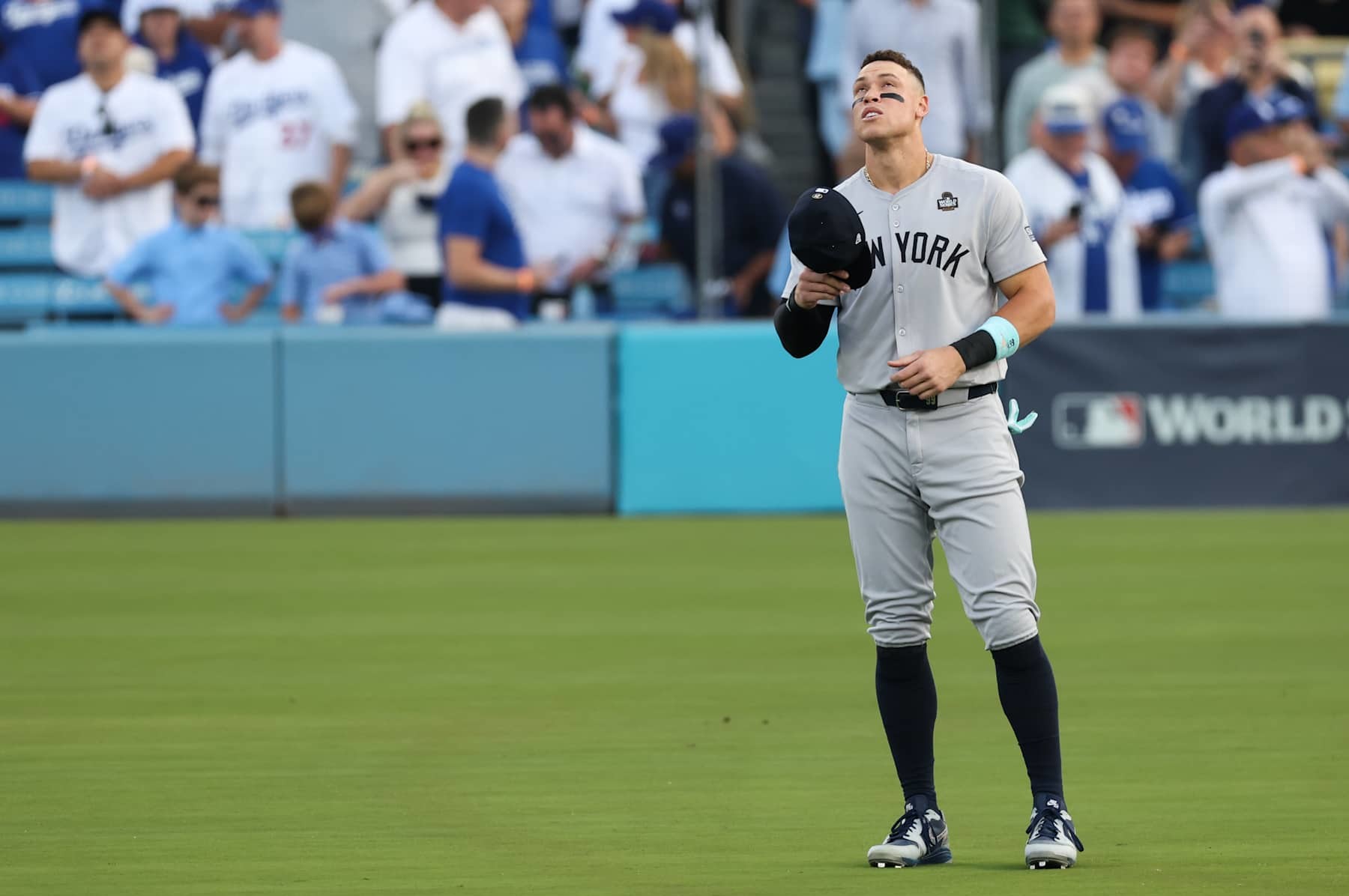 LOS ANGELES, CA - OCTOBER 26:   Aaron Judge #99 of the New York Yankees stands on the field prior to Game 2 of the 2024 World Series presented by Capital One between the New York Yankees and the Los Angeles Dodgers at Dodger Stadium on Saturday, October 26, 2024 in Los Angeles, California. (Photo by Rob Leiter/MLB Photos via Getty Images)