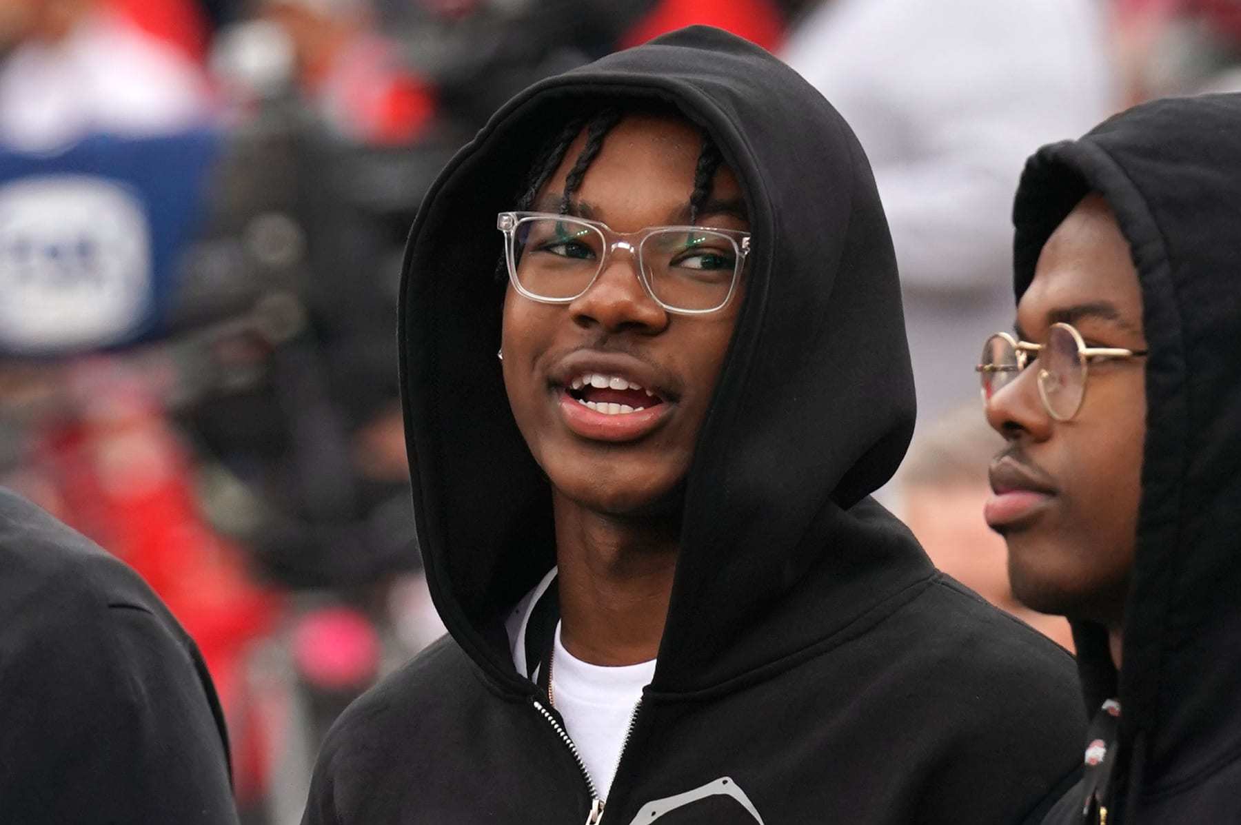 COLUMBUS, OH - OCTOBER 07: Bryce James watches warmups before the game between the Ohio State Buckeyes and the Maryland Terrapins at Ohio Stadium in Columbus, Ohio on October 7, 2023.(Photo by Jason Mowry/Icon Sportswire via Getty Images)