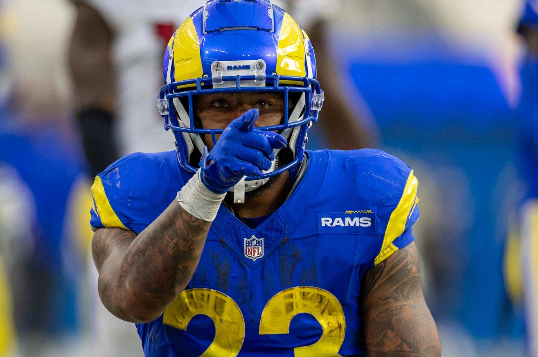 Inglewood, CA, Sunday, October 15, 2023 - Los Angeles Rams running back Kyren Williams (23) points out that he achieved a first down against the he Arizona Cardinals during second half action at SoFi Stadium. (Robert Gauthier/Los Angeles Times via Getty Images)